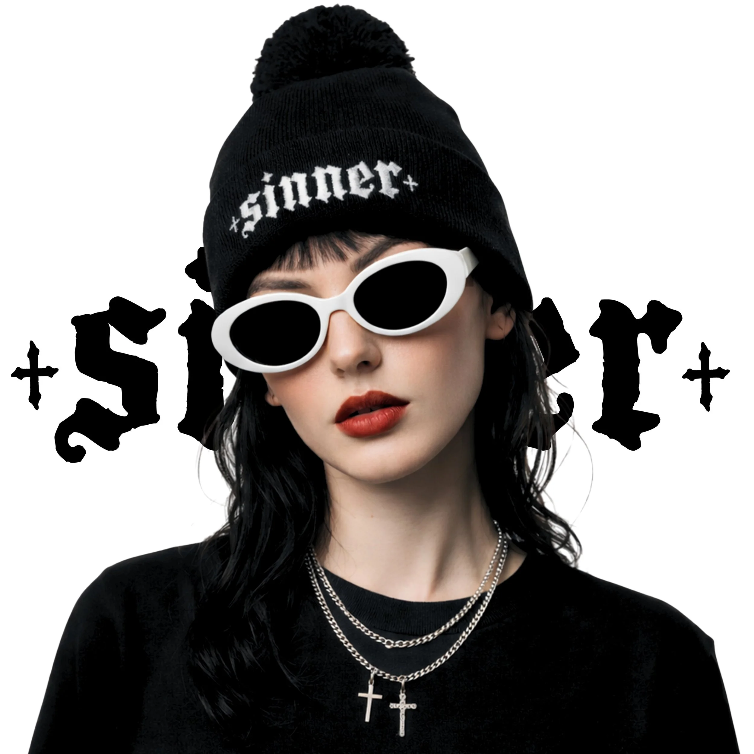 Young woman with black hair, wearing a black beanie with white text, white oval sunglasses, a black shirt, and layered silver necklaces with crosses, standing in front of a white background with black stylized text and symbols.