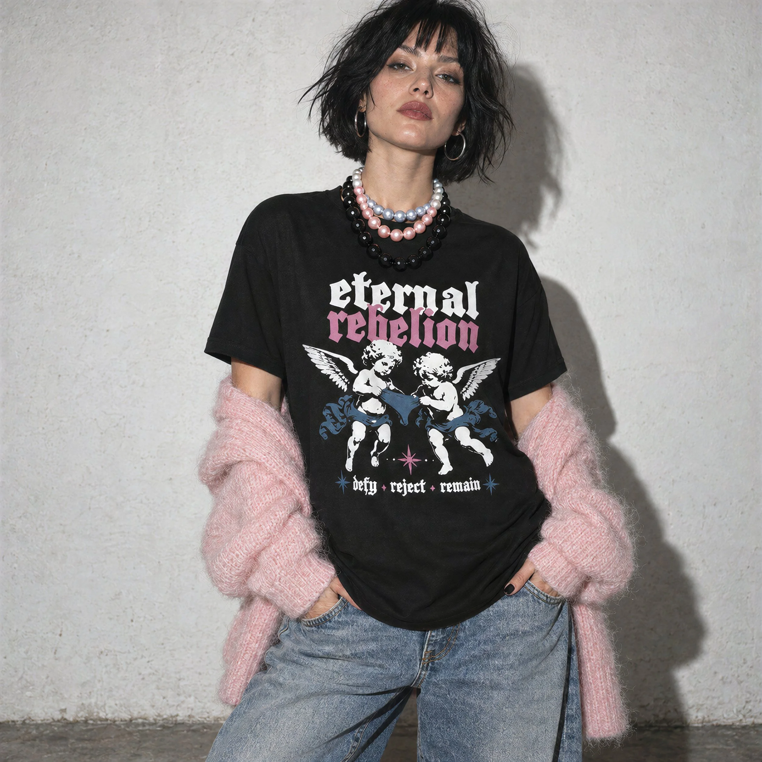 Model wearing NyxAbbey Eternal Rebellion black alternative graphic T-shirt