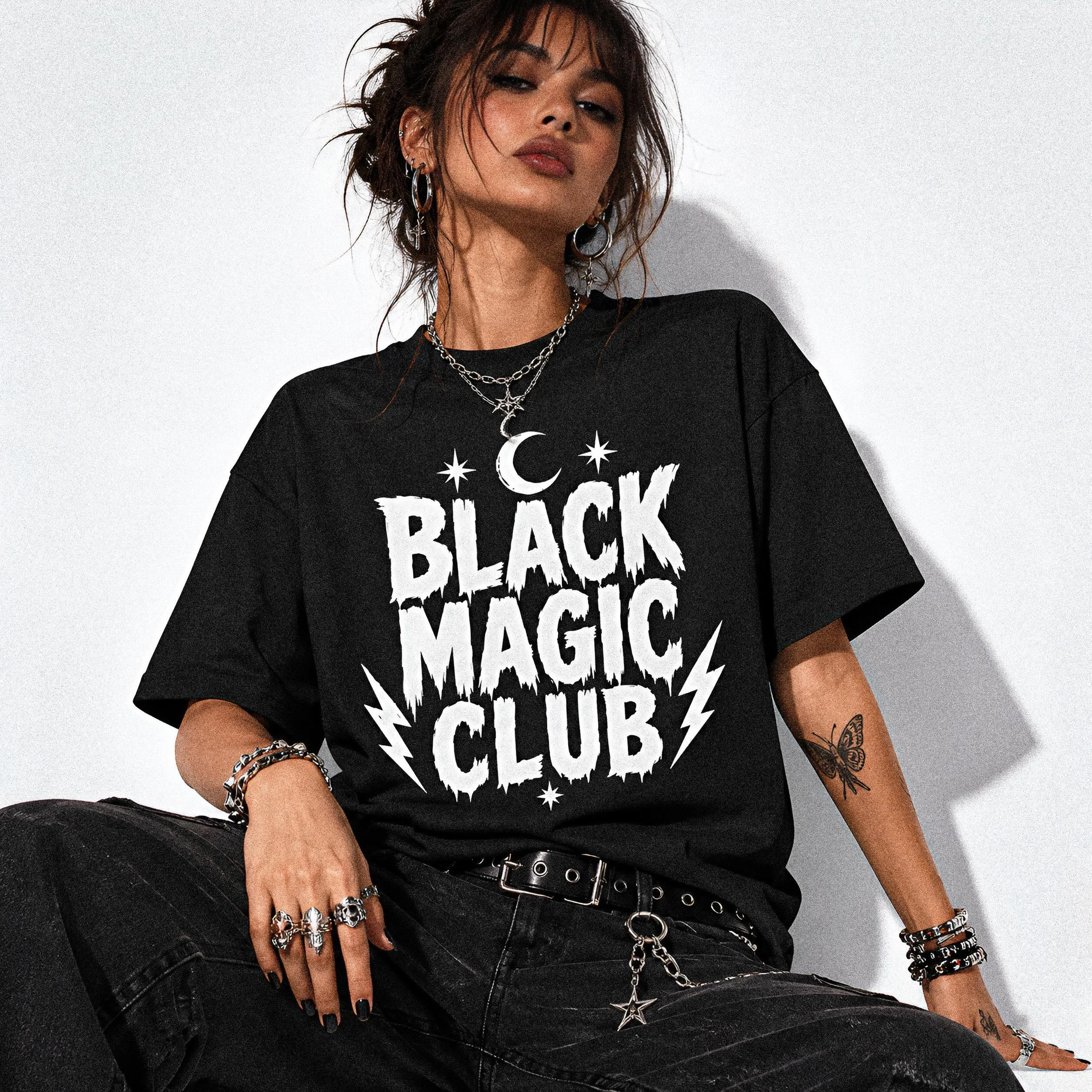 Moonlit rituals. Black clothes. Questionable decisions. 
Available now. ✨
🔗 Link in bio. 
#eclectictales #blackmagic #streetwear #boldfashion #altfashion