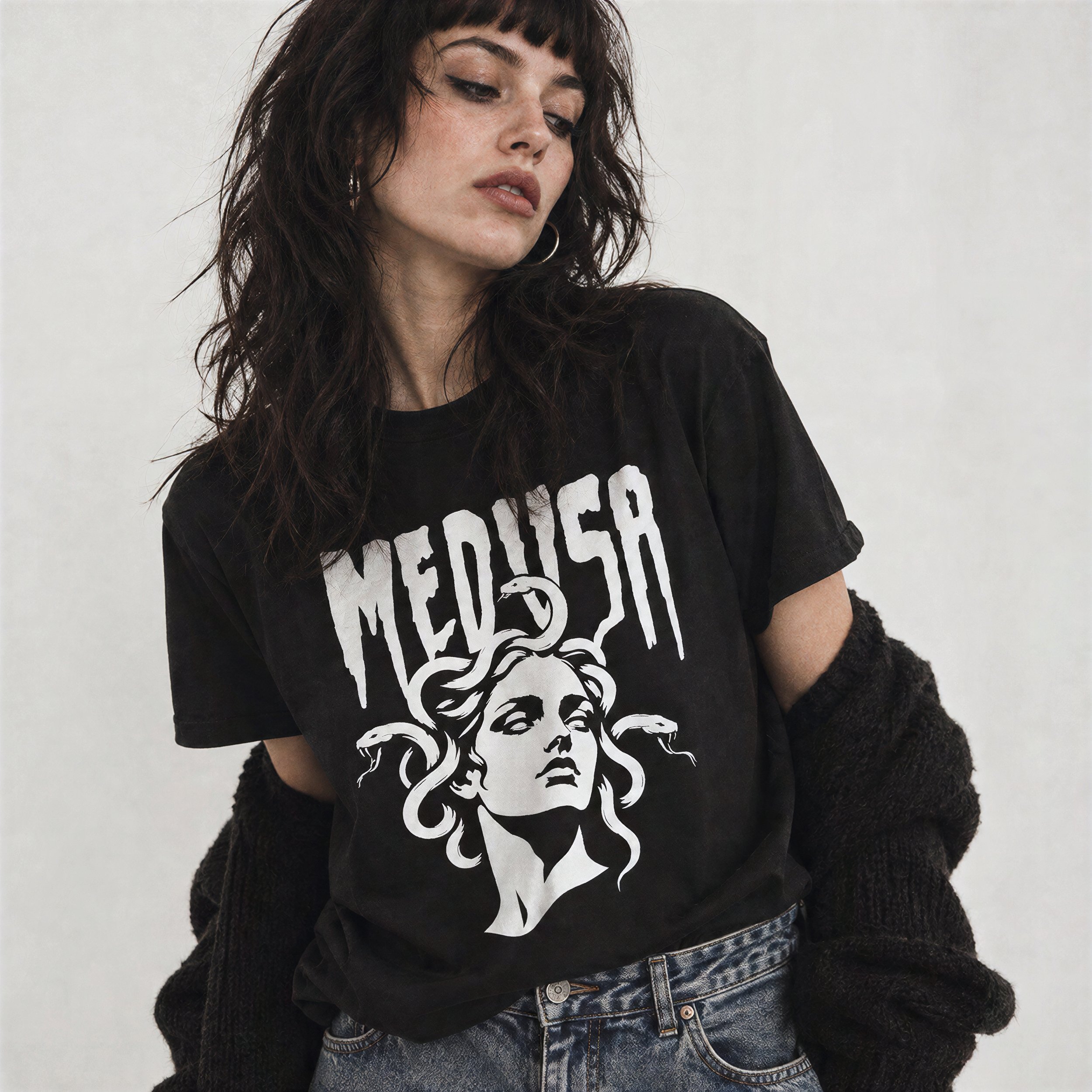 Model wearing NyxAbbey Goddess Medusa black gothic graphic T-shirt