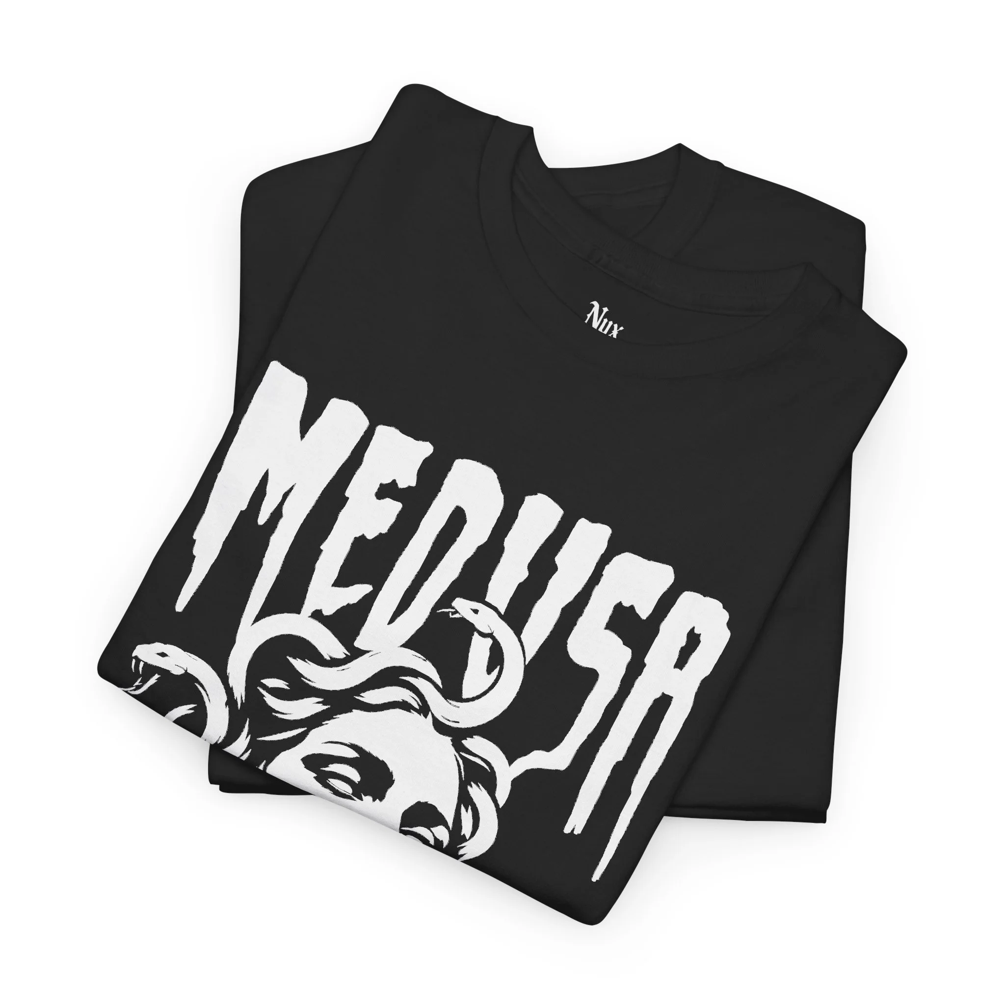 Goddess Medusa Greek mythology artwork detail on black NyxAbbey T-shirt