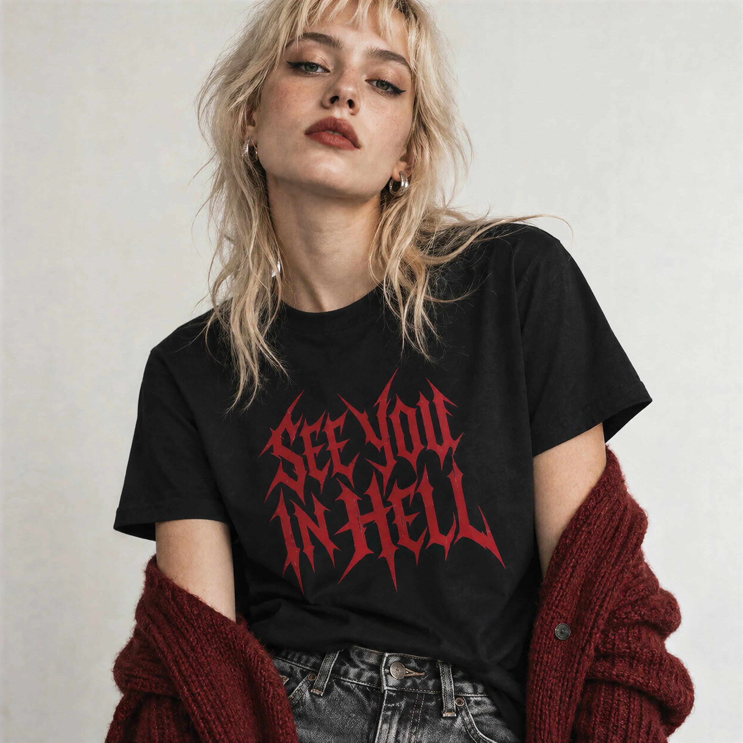 Model wearing NyxAbbey See You in Hell black gothic graphic T-shirt