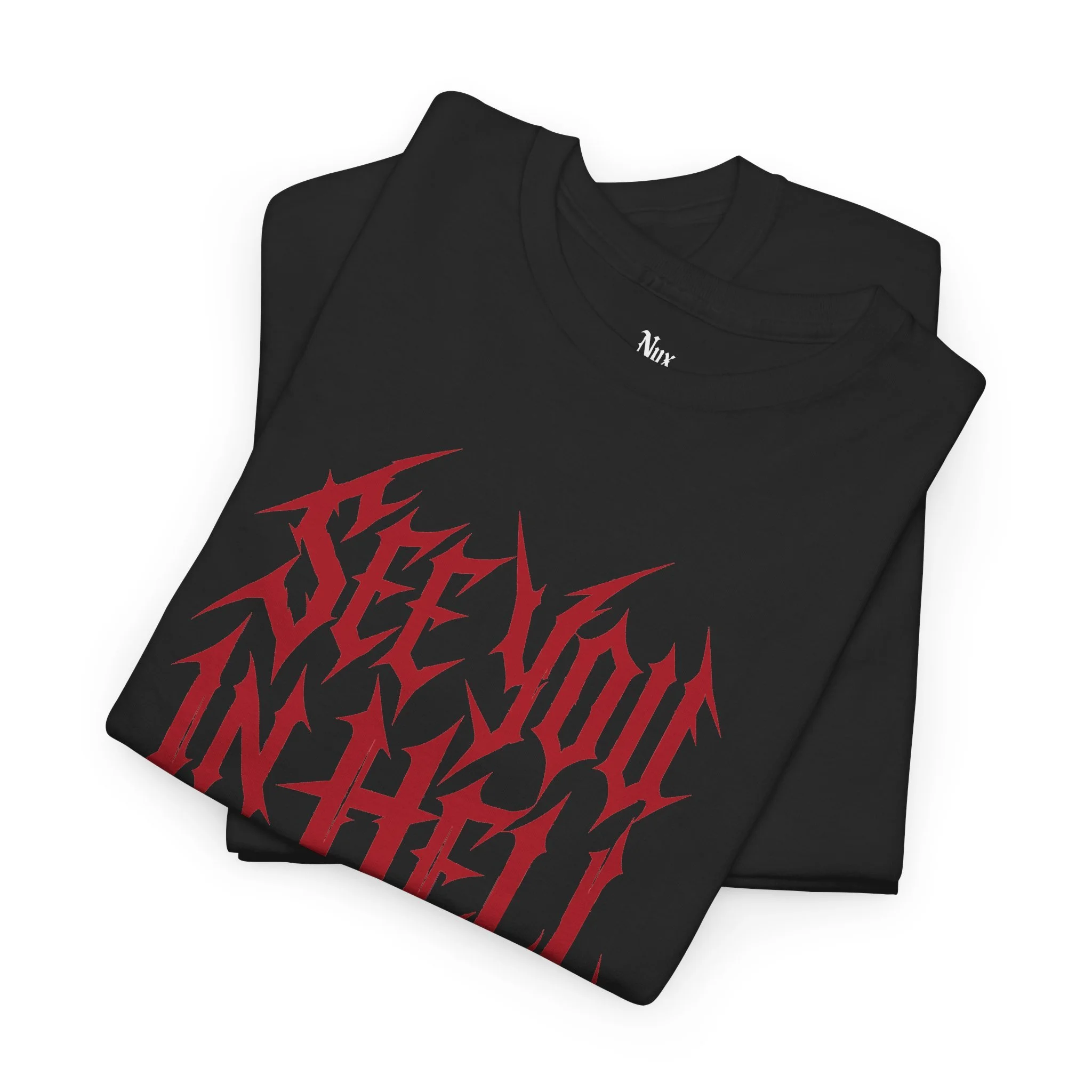 See You in Hell gothic typography artwork on black NyxAbbey T-shirt