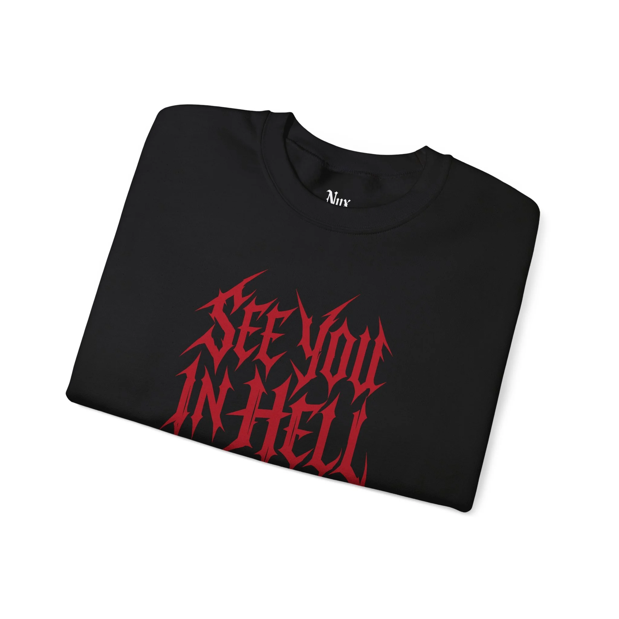 See You in Hell gothic typography artwork detail on black NyxAbbey sweatshirt
