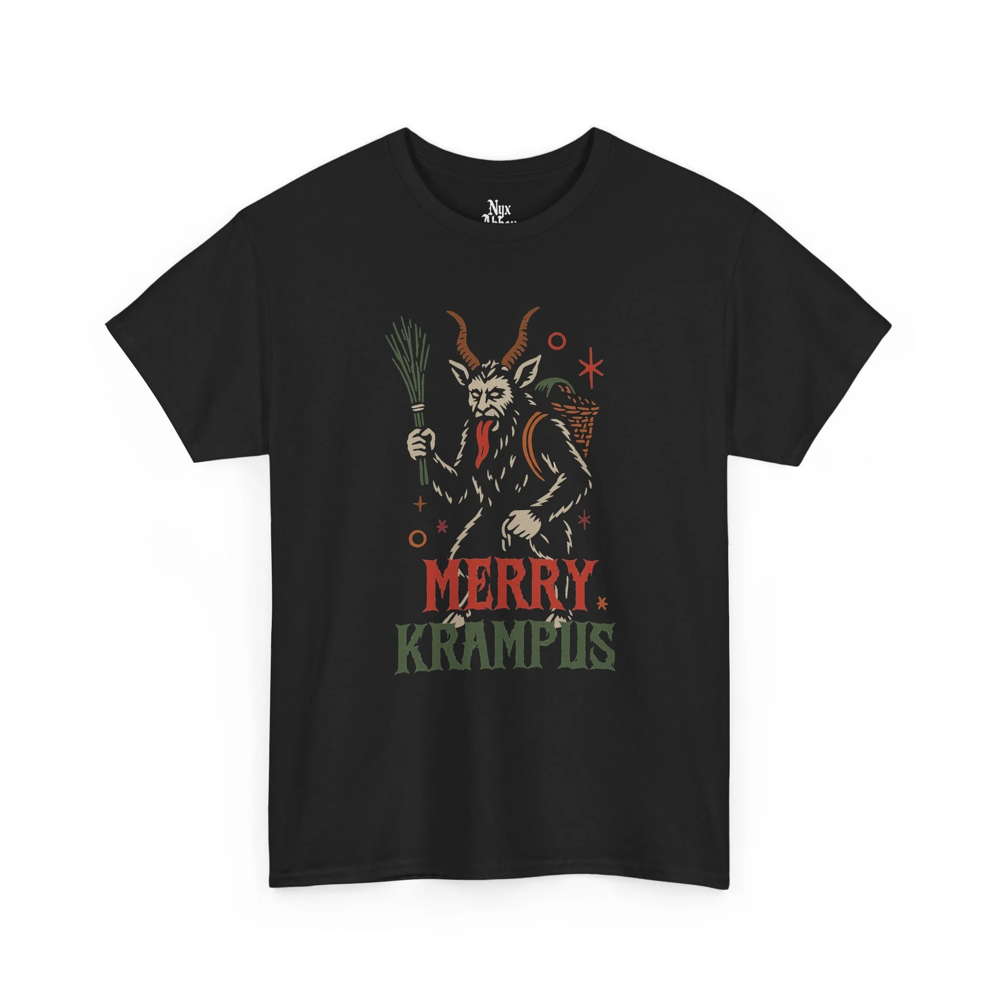 NyxAbbey Merry Krampus black graphic T-shirt front view