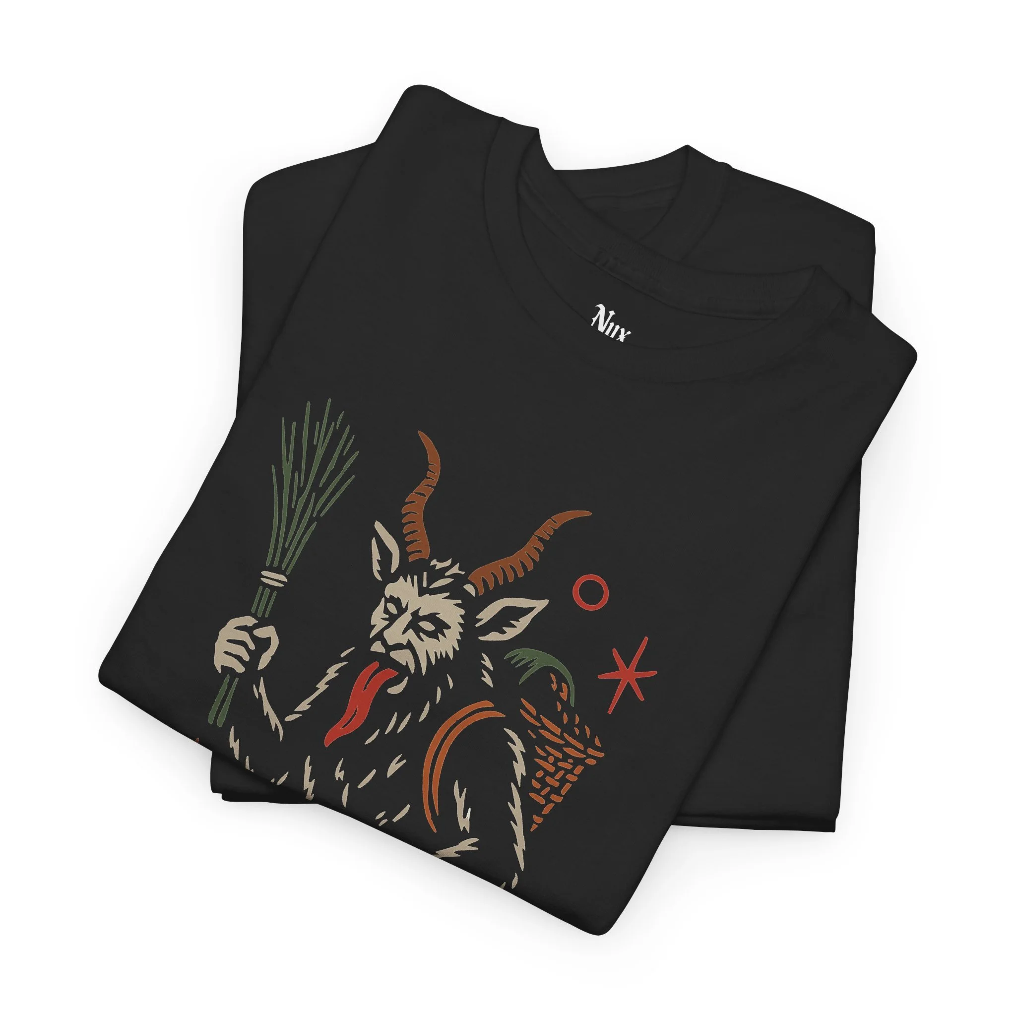Merry Krampus Christmas horror artwork detail on black NyxAbbey T-shirt