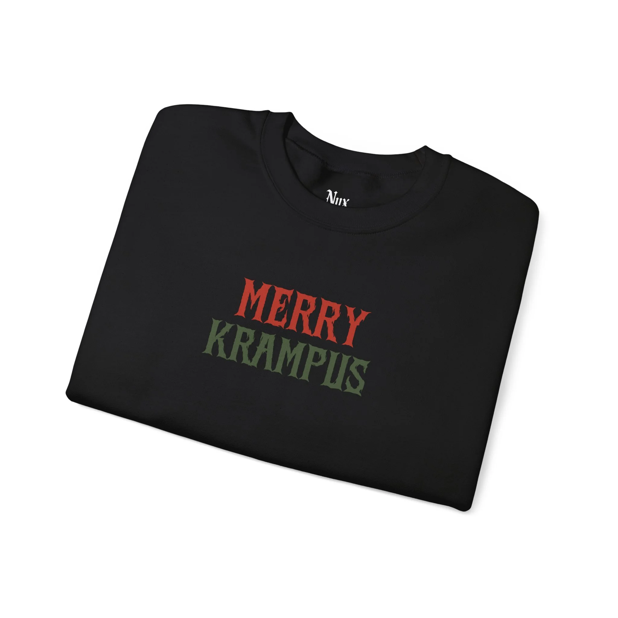 Merry Krampus Christmas horror artwork detail on black NyxAbbey sweatshirt