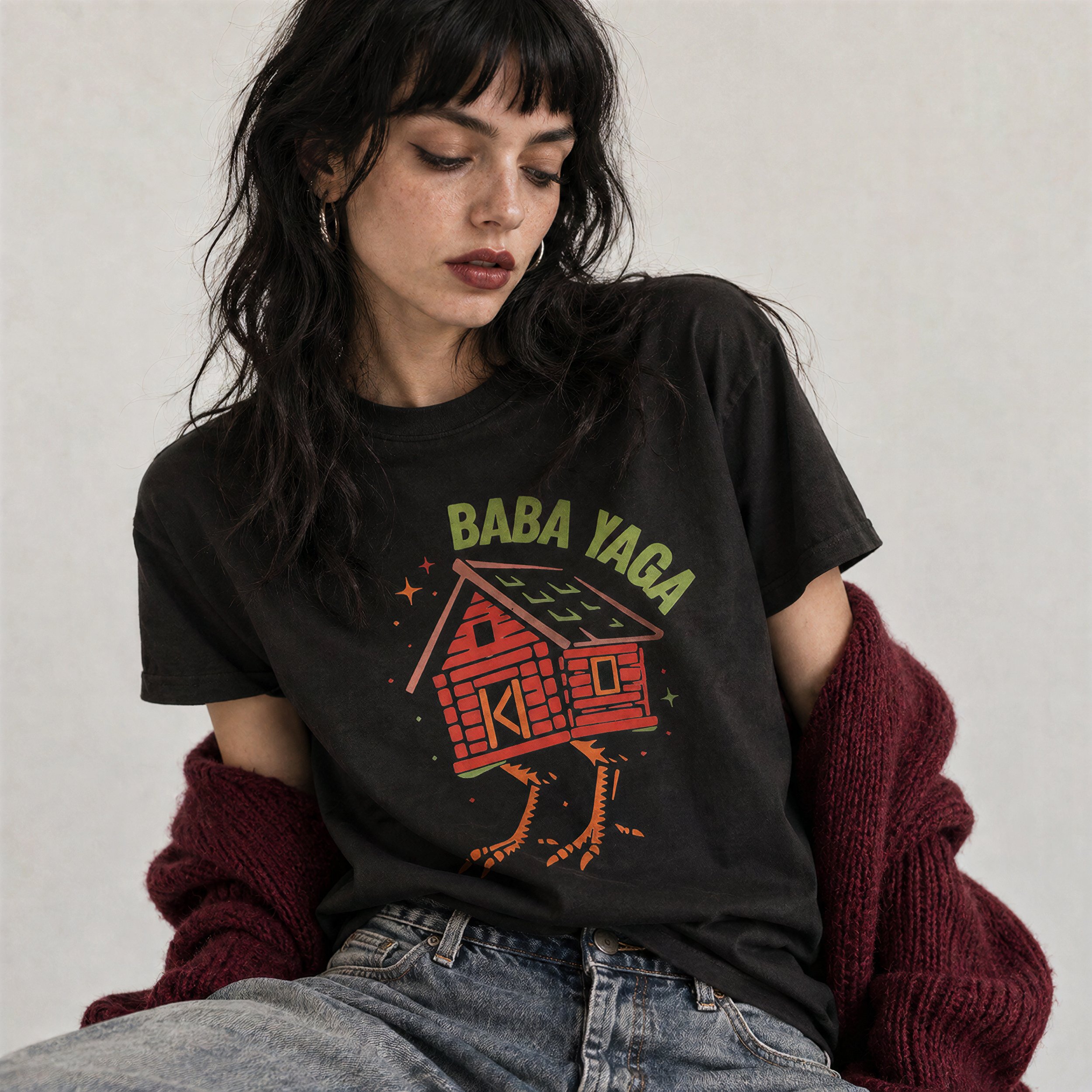 Model wearing NyxAbbey Baba Yaga black gothic folklore graphic T-shirt