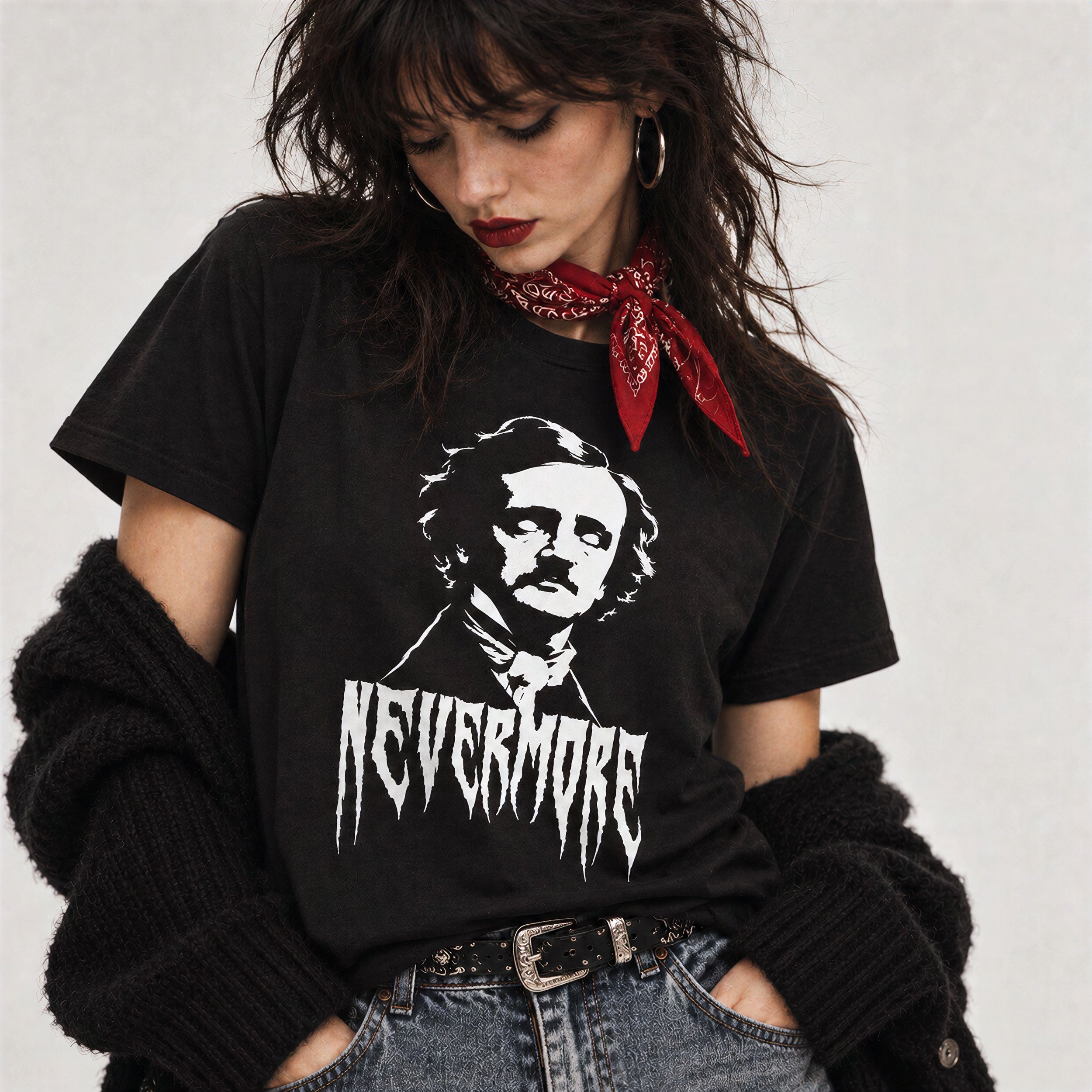 Model wearing NyxAbbey Nevermore black gothic literary graphic T-shirt