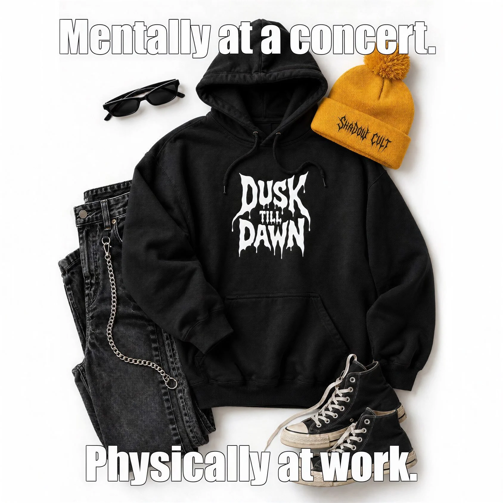 Another meeting that could have been a metal concert 💀
Dress accordingly.

Shop your off-duty uniform at nyxabbey.com

#nyxabbey #altfashion #alternativefashion #metalhead #streetwear