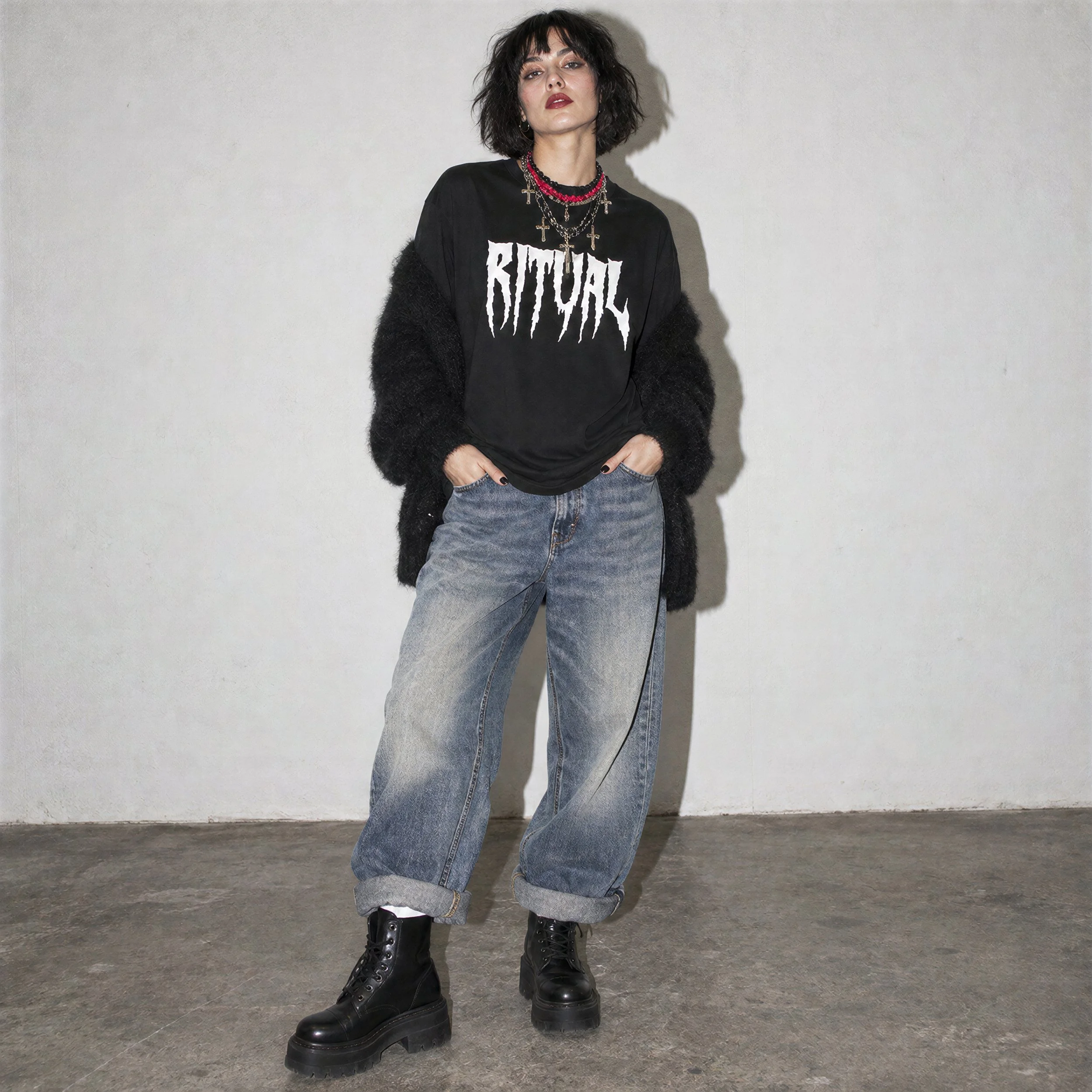 Model wearing NyxAbbey Ritual black gothic graphic T-shirt