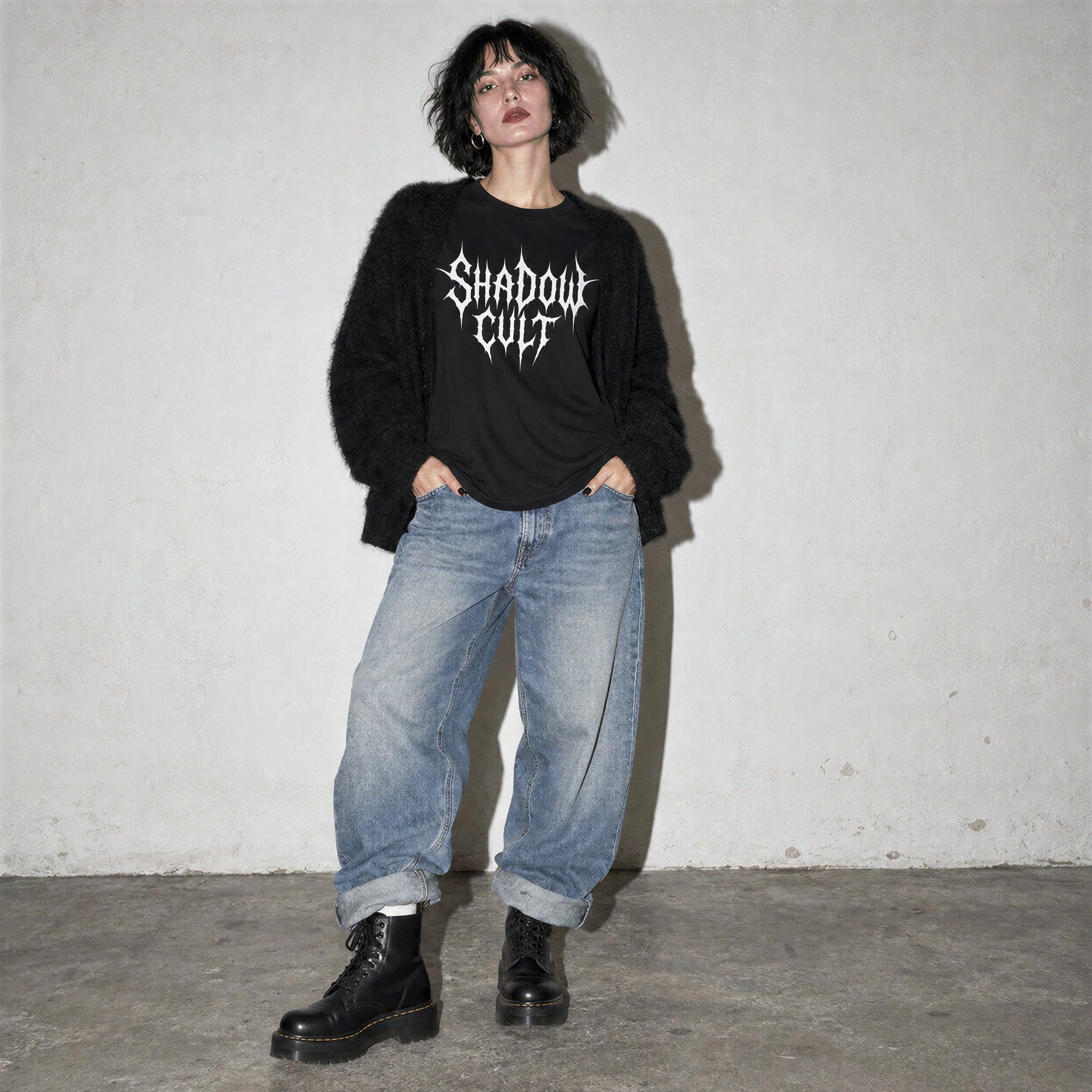 Model wearing NyxAbbey Shadow Cult black gothic graphic T-shirt