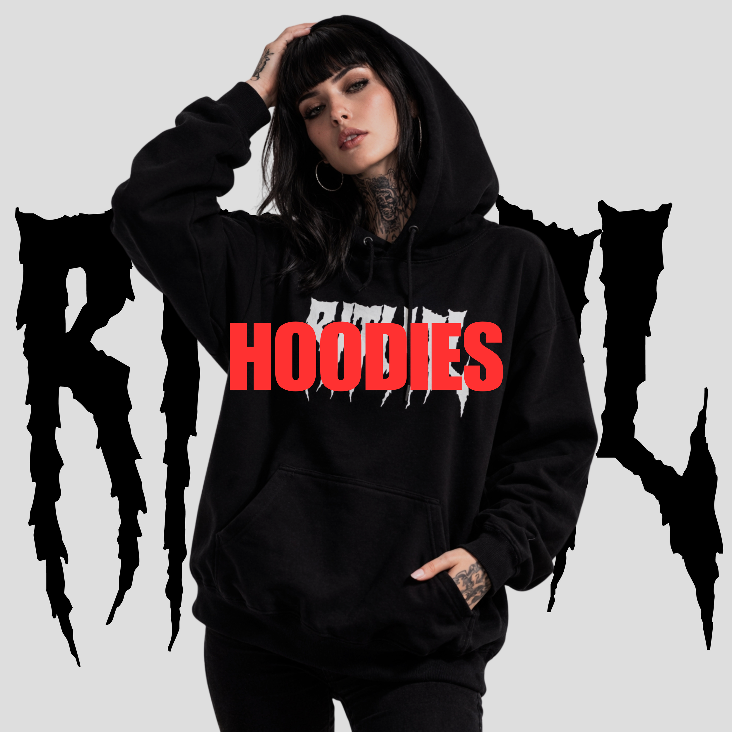 A woman with black hair, tattoos, and hoop earrings wearing a black hoodie with the word "HOODIES" in bold red letters across the chest, standing against a light gray background with the word "KILL" in large, black, jagged letters.