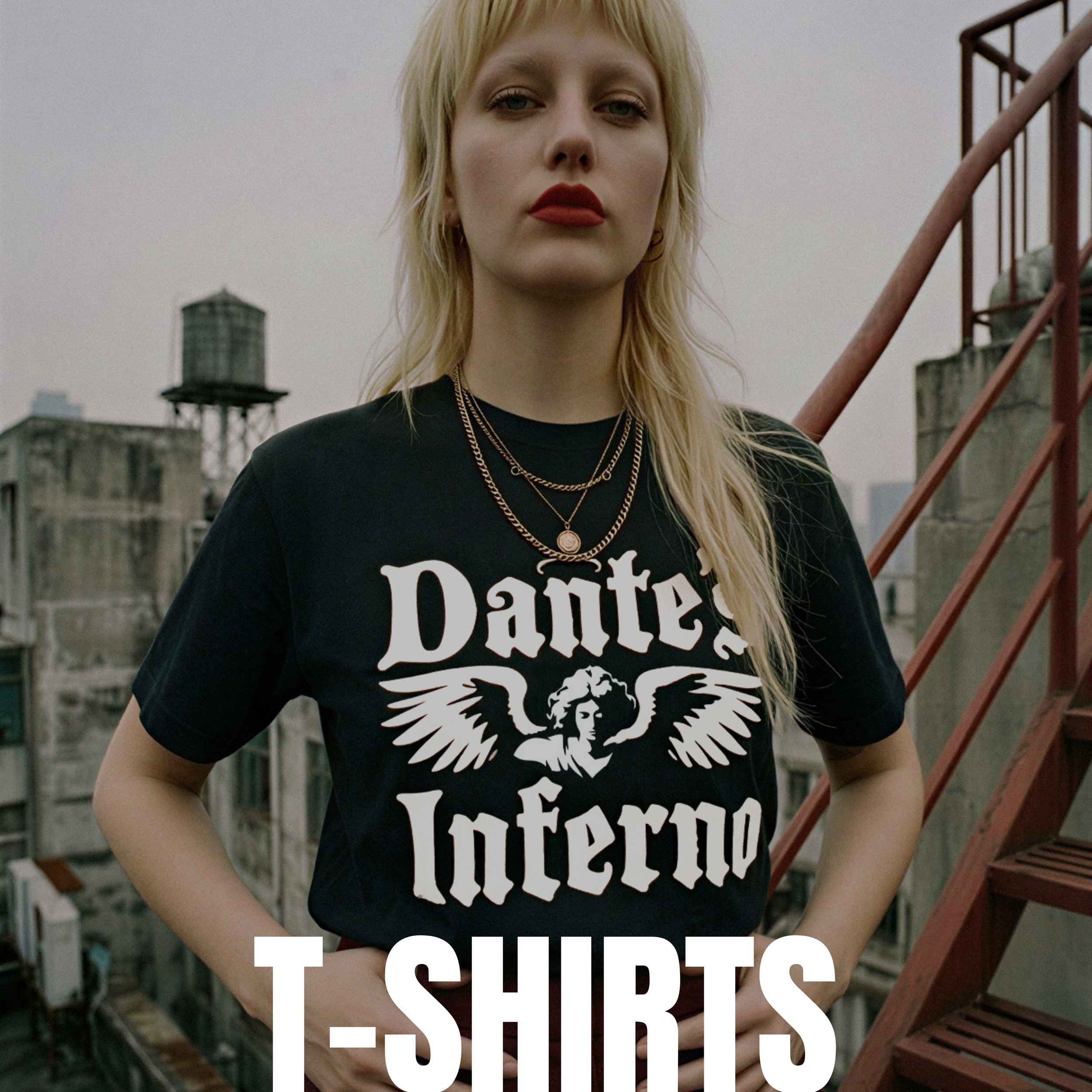 A blonde woman wearing a black T-shirt with white gothic-style writing and an angel graphic, standing on a rooftop with city buildings and water towers in the background.