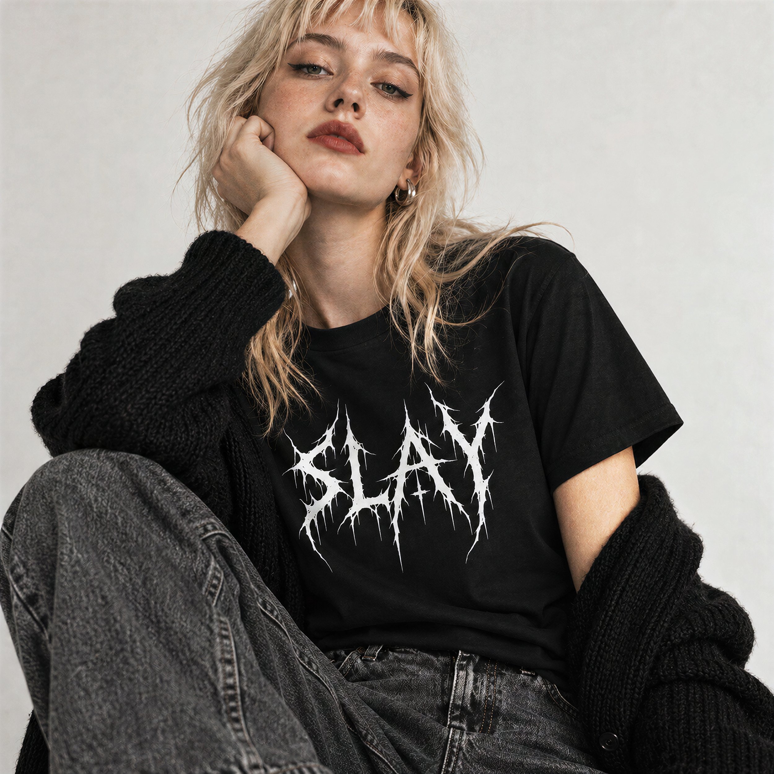 Model wearing NyxAbbey Slay black alternative graphic T-shirt