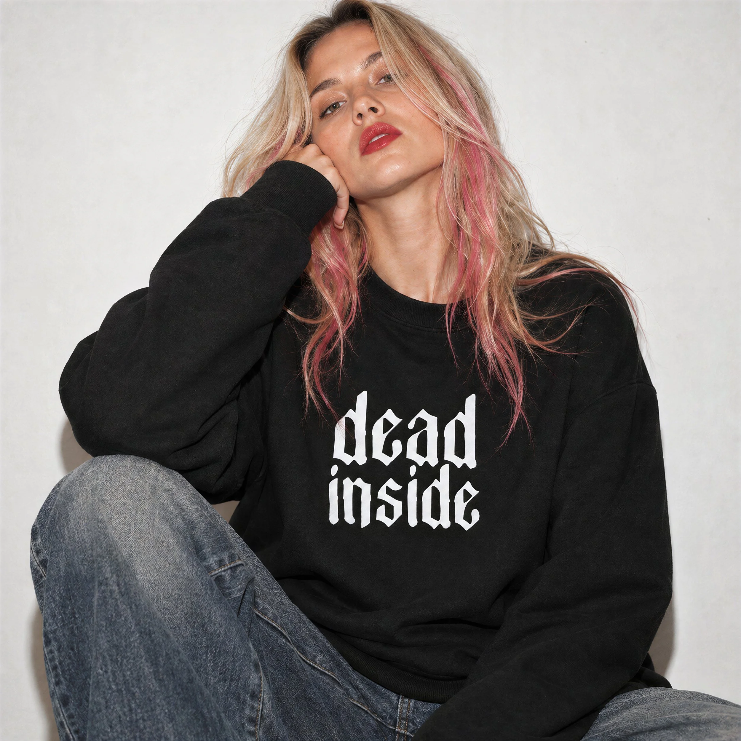 Model wearing NyxAbbey Dead Inside black alternative graphic sweatshirt