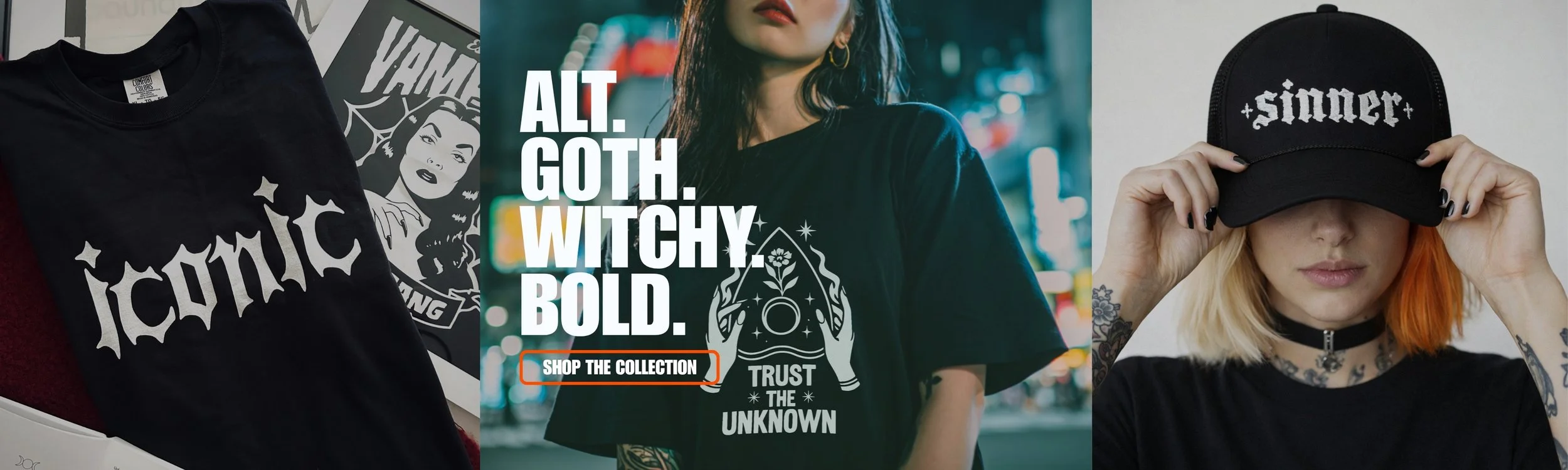 Collection of gothic fashion items including a black T-shirt with gothic text, a woman wearing a black T-shirt with gothic art and text, and a woman with orange hair wearing a black cap with gothic writing, in a dark urban setting.