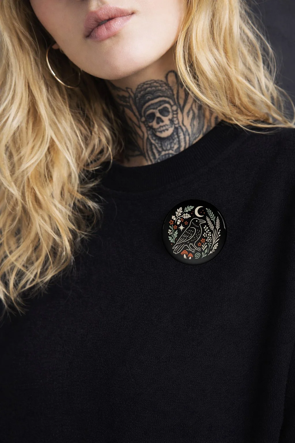 Raven & Moon Floral Pin Button