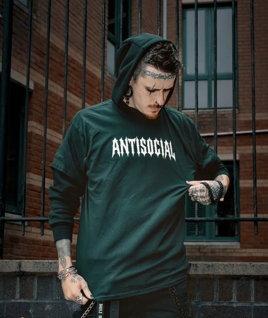 Model wearing NyxAbbey Antisocial black alternative graphic T-shirt
