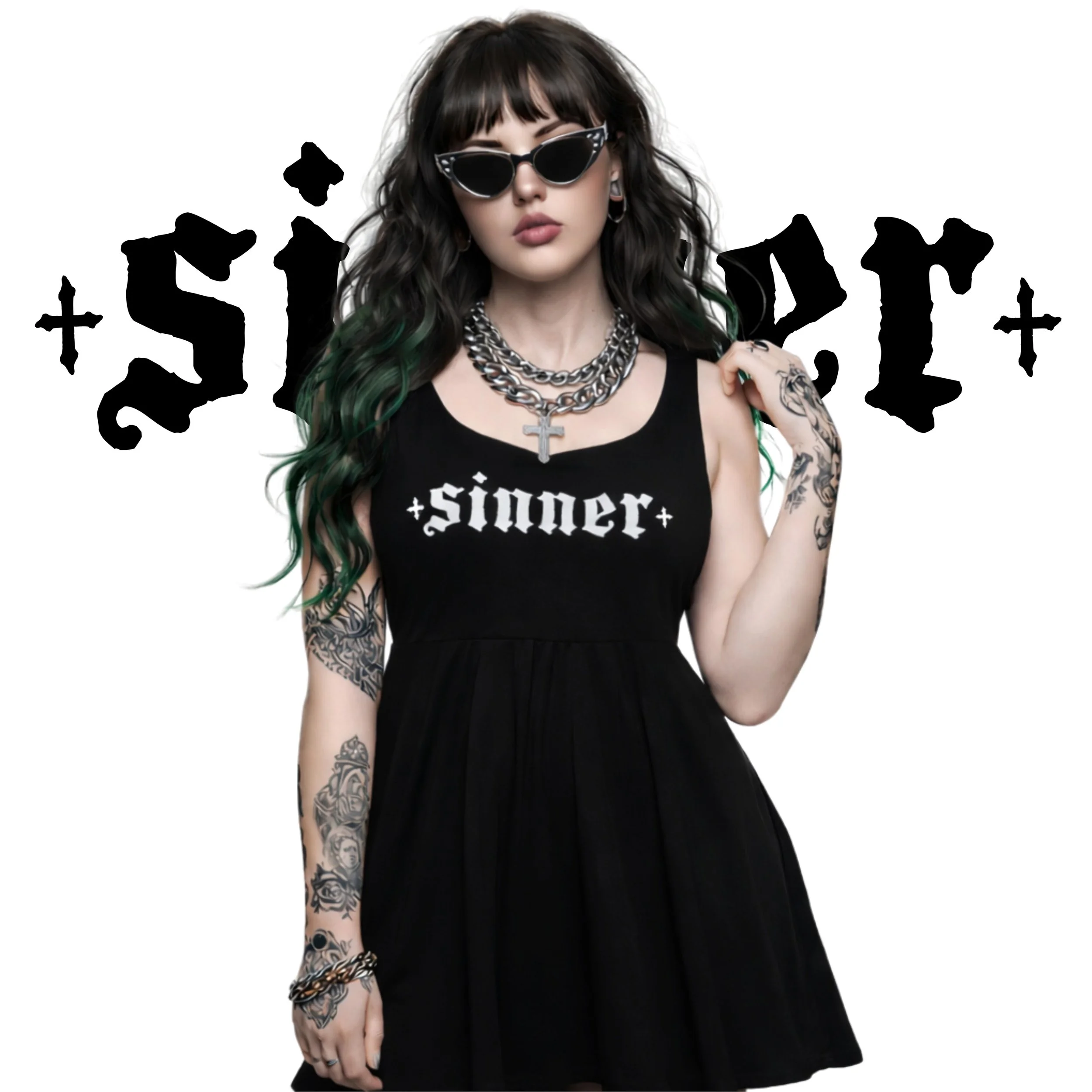 A young woman with long black hair with green tips, wearing sunglasses, a black sleeveless dress with the word 'sinner' printed on it, and tattoos on her arms, stands in front of a background with stylized black text and symbols.