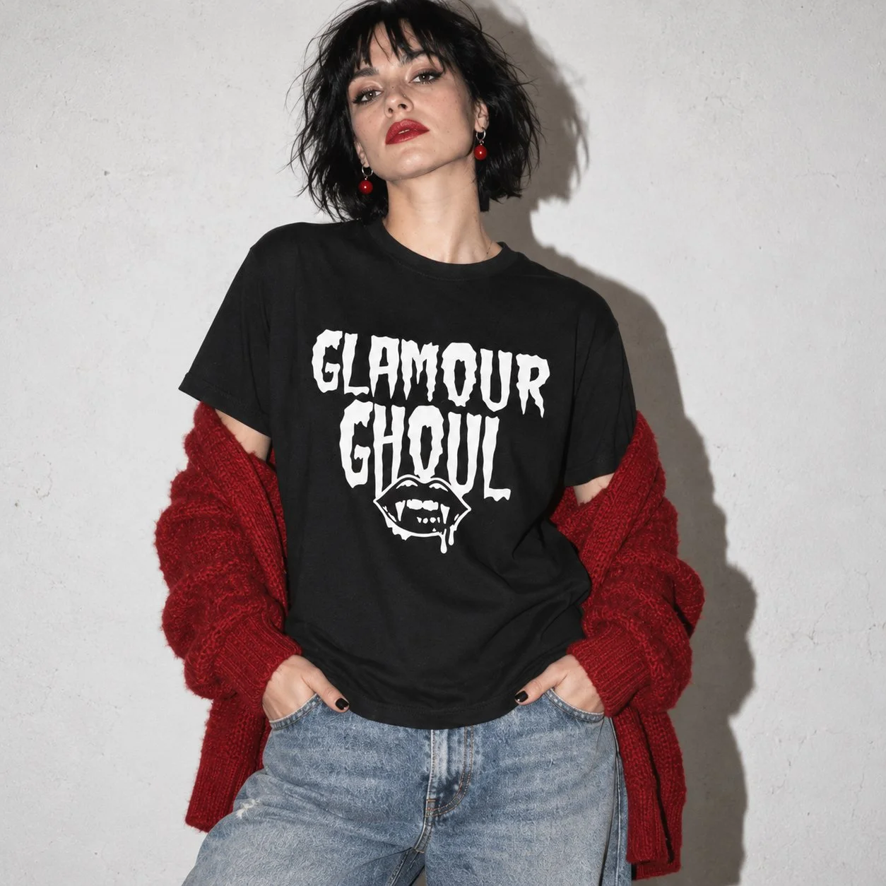 Model wearing NyxAbbey Glamour Ghoul black gothic graphic T-shirt
