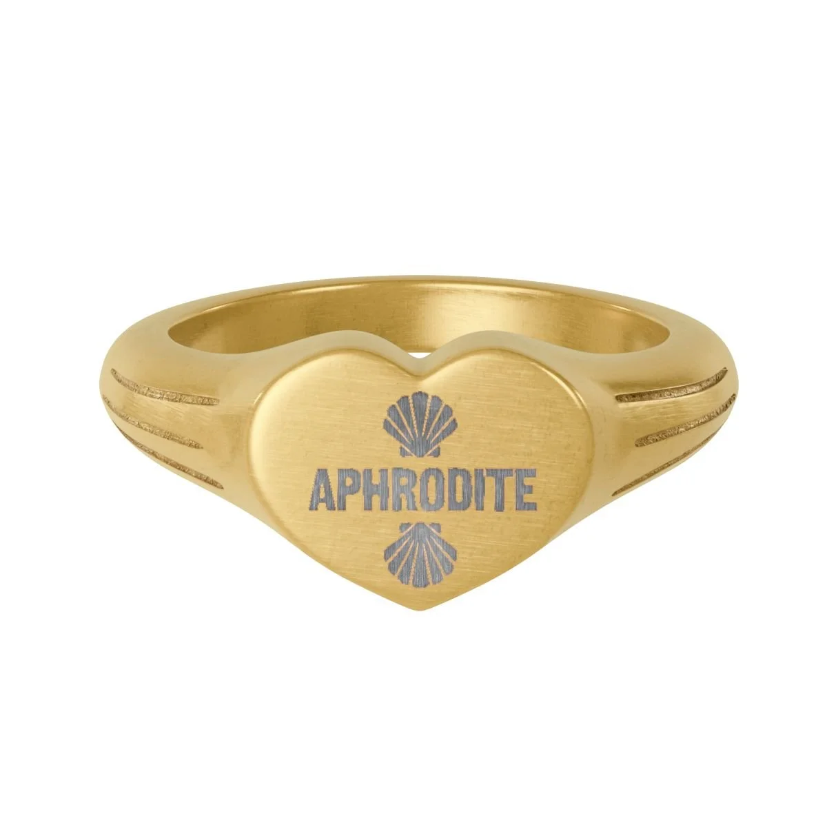Gold ring with a heart-shaped face engraved with the word 'Aphrodite' and a seashell symbol above and below the word.