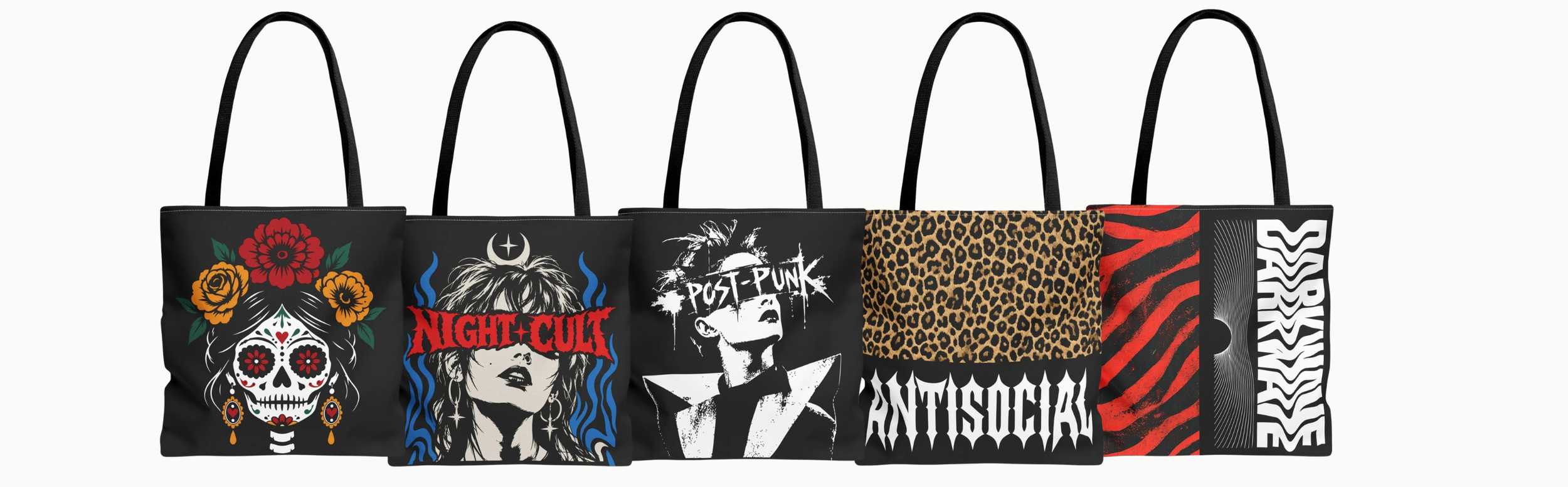 Six tote bags with various punk and alternative band designs, featuring skulls, a woman with 'Night Cult', a person with 'Post-Punk', animal print, and abstract patterns.