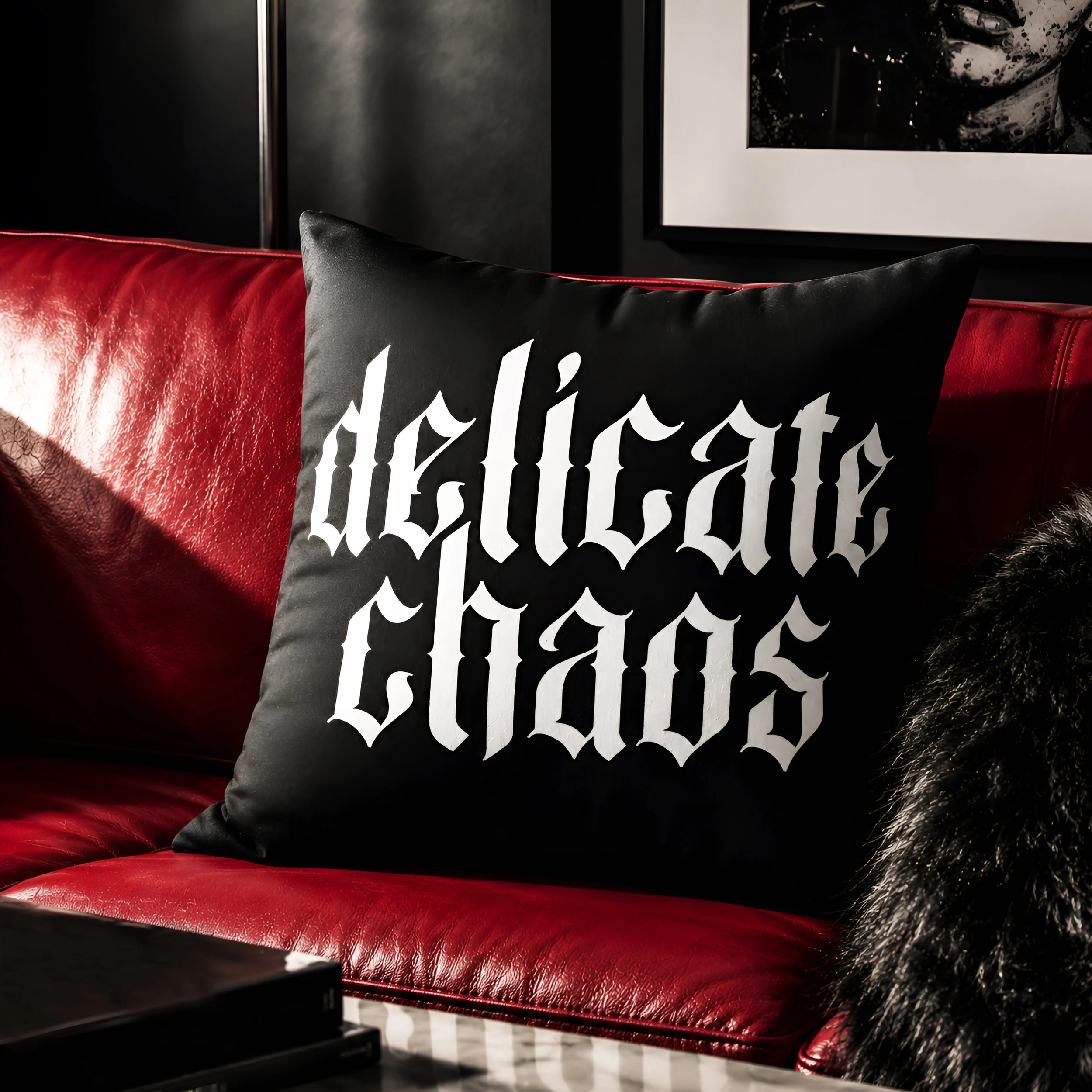 Close-up of a red leather sofa with a black pillow that has white lettering, dark wall with framed black-and-white photo, and part of a lion's face in the background.