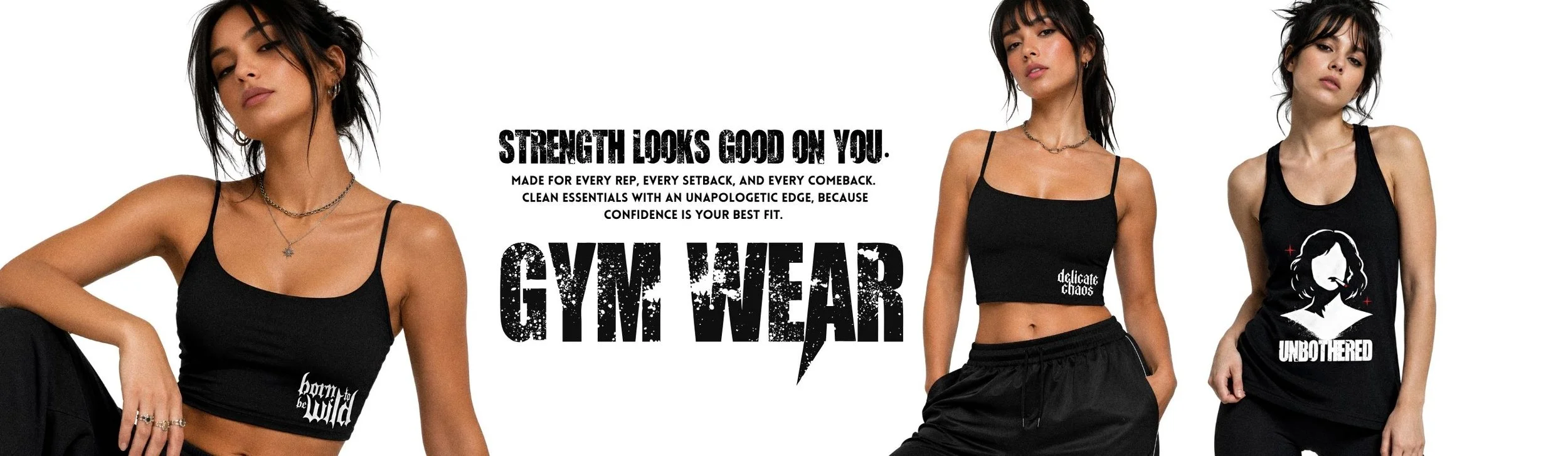 Three women wearing black gym wear featuring bold text and graphics, standing against a white background.