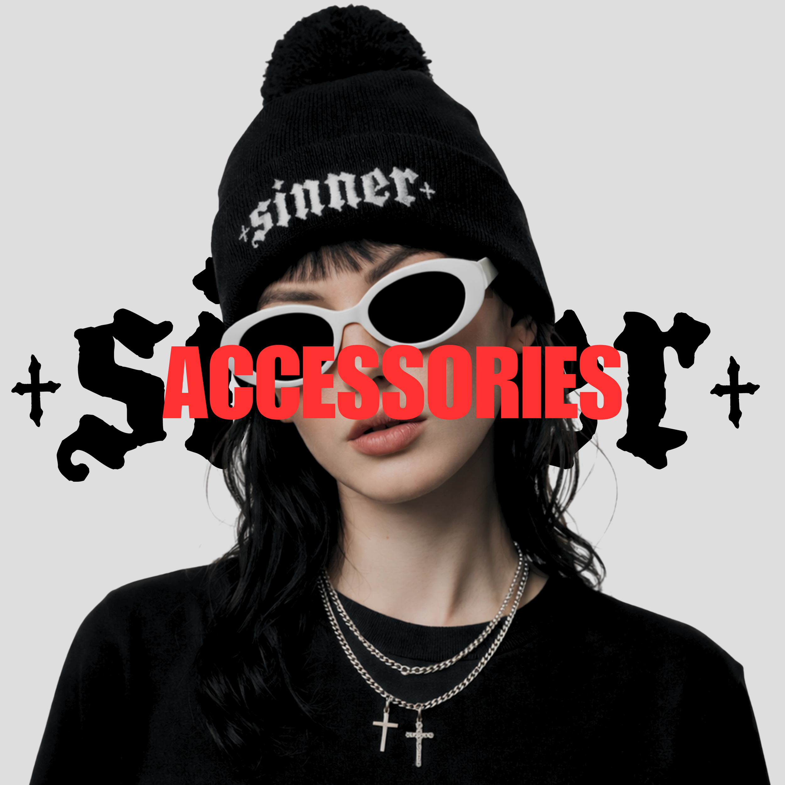 A woman wearing a beanie, white sunglasses, and layered necklaces with crosses. The word 'ACCESSORIES' is overlaid in bold red text.