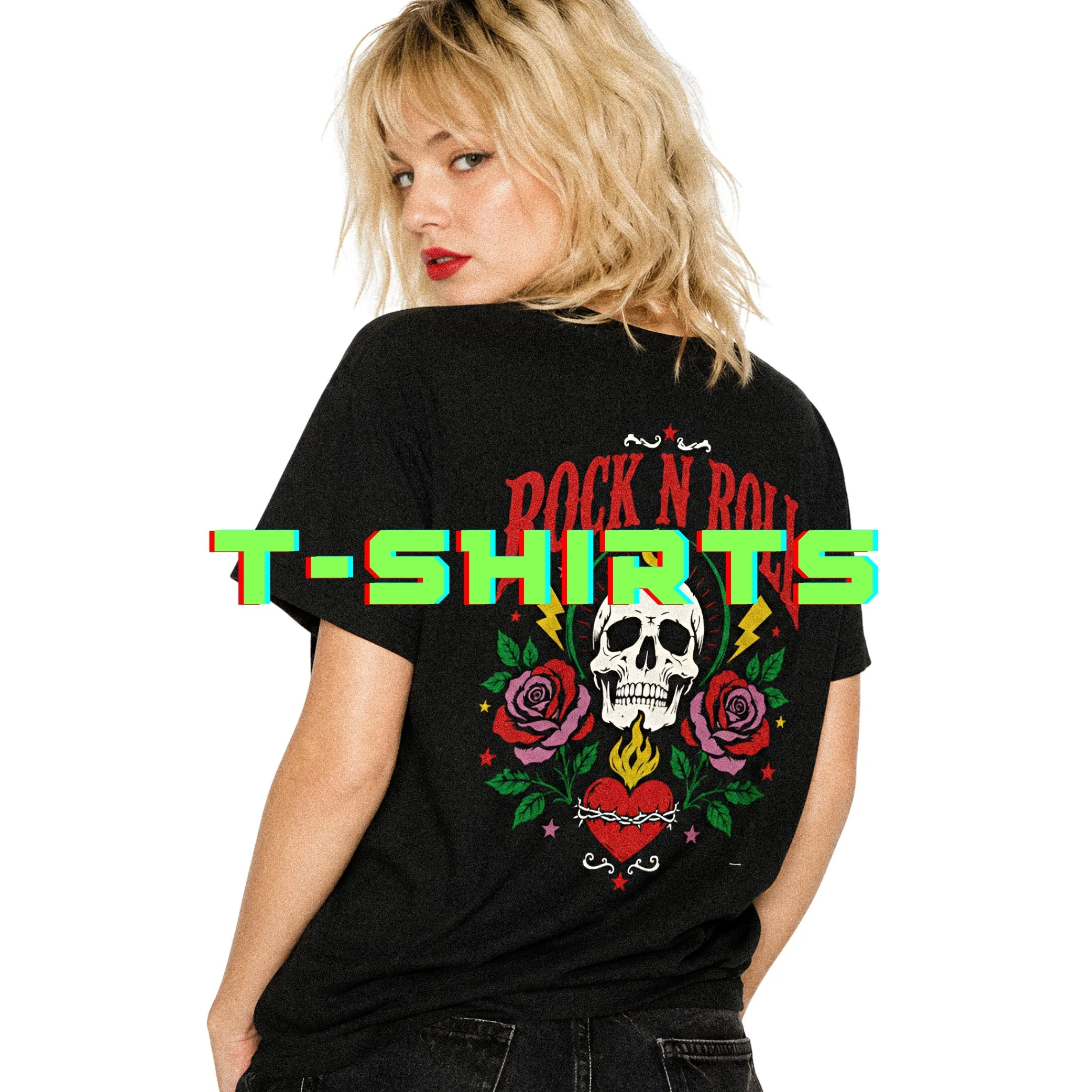 A woman with blond, wavy hair wearing a black T-shirt with skull, roses, and text design, posing against a plain white background.