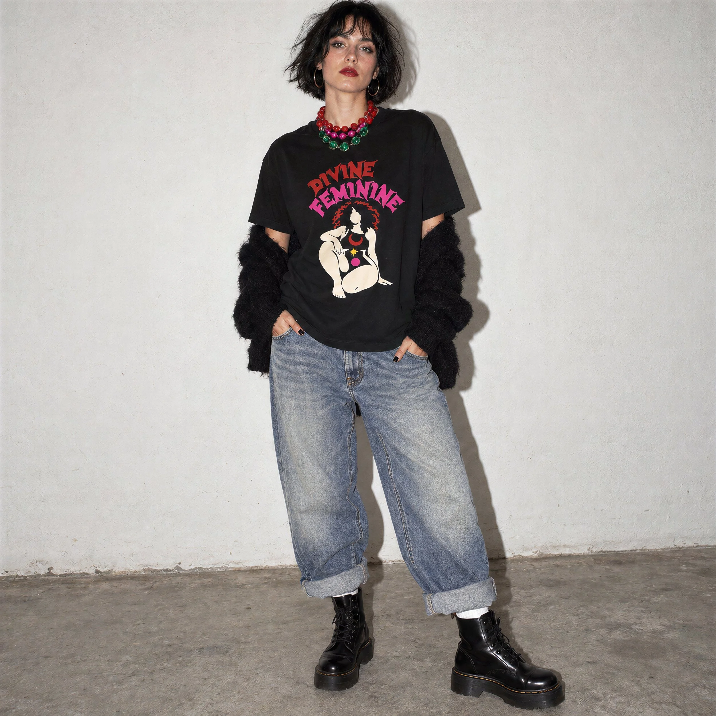 Model wearing NyxAbbey Divine Feminine black gothic graphic T-shirt