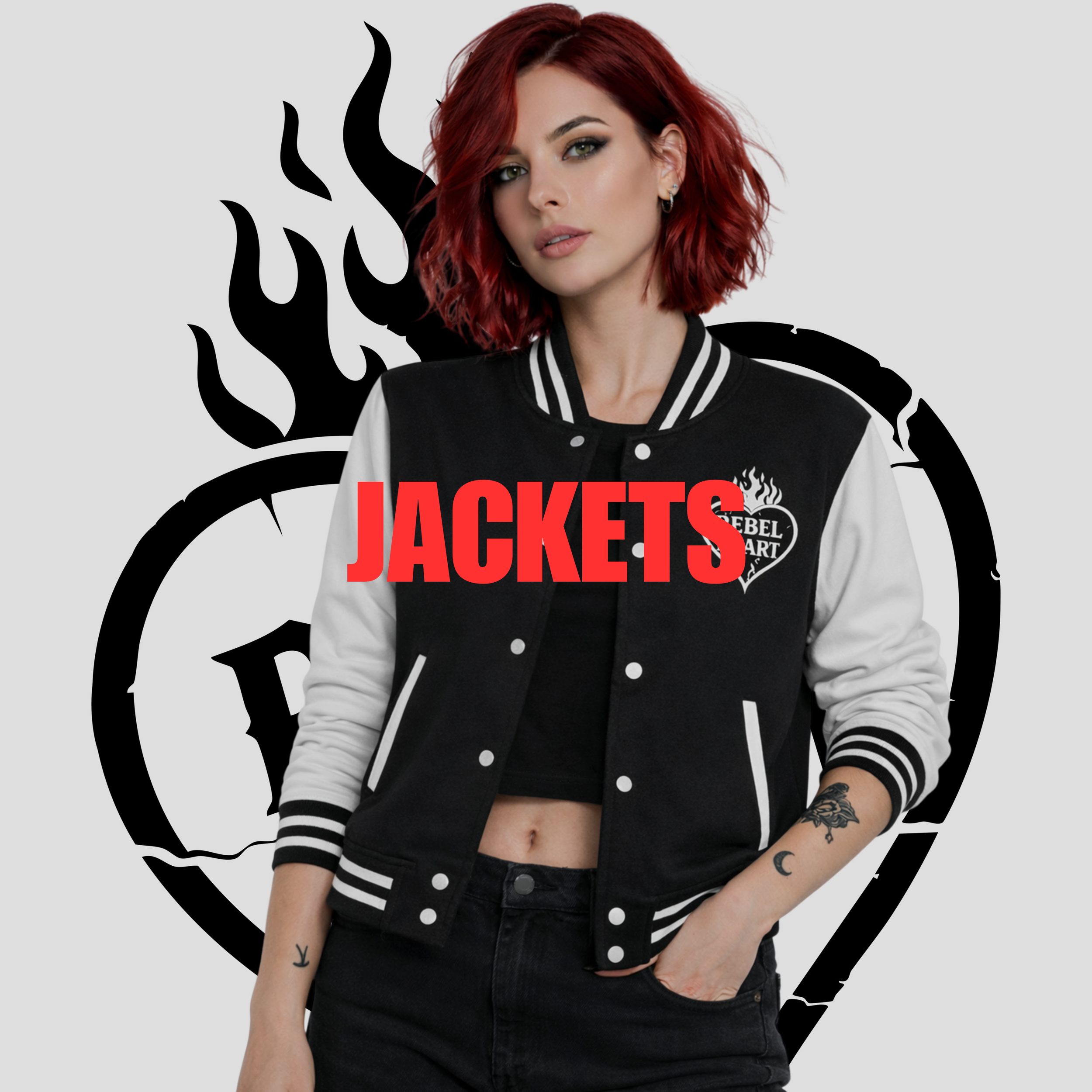 A woman with red hair wearing a black and white varsity jacket, standing in front of a black graphic design with a flaming heart and the word 'Rebel'. The word 'JACKETS' is written in bold red letters across her chest.