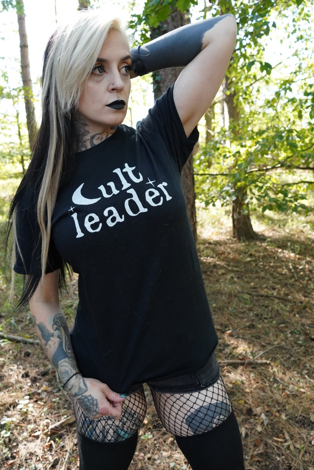 Model wearing NyxAbbey Cult Leader black alternative graphic T-shirt