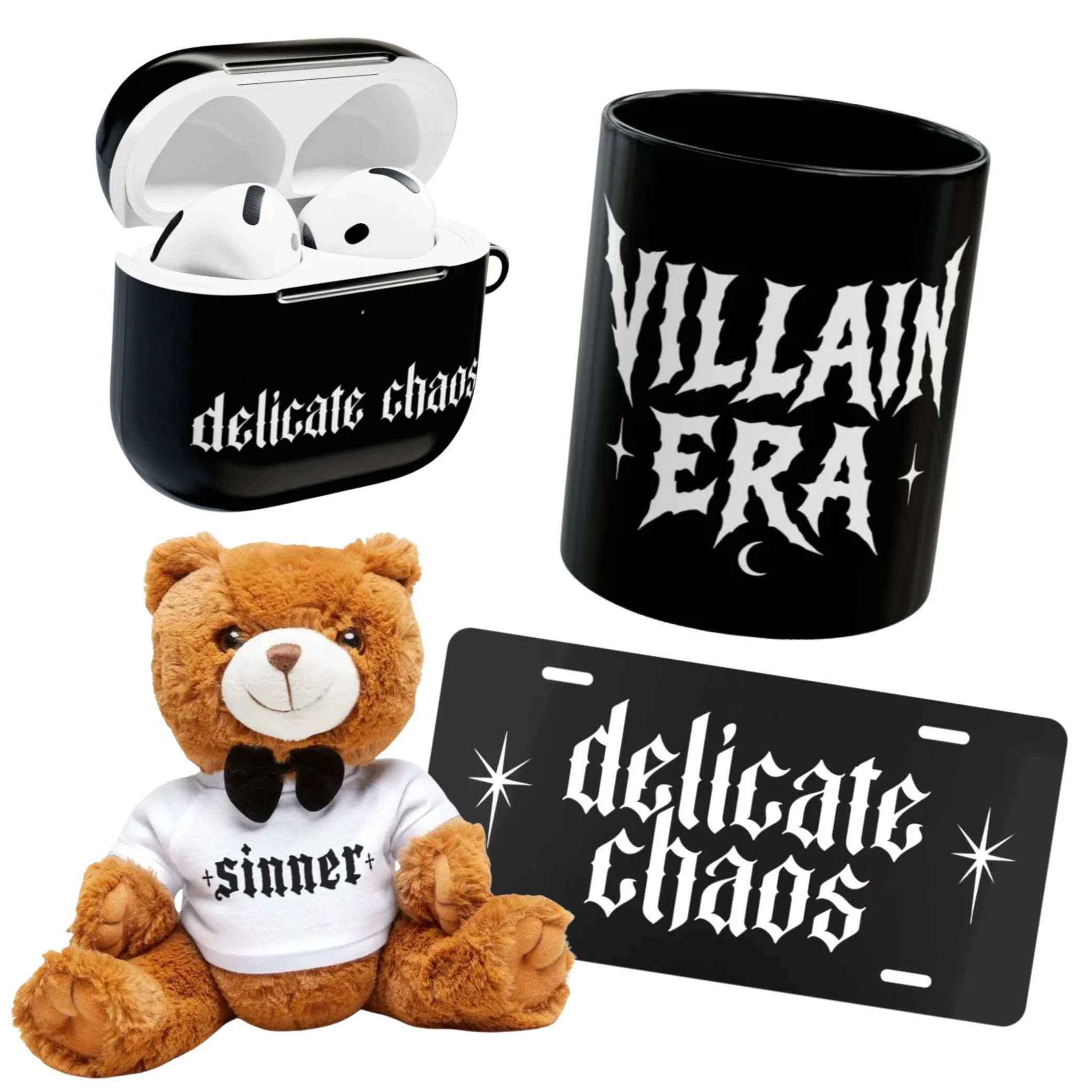 A teddy bear wearing a white T-shirt with black text that says "singer." A pair of white wireless earbuds in a black and white case with the text "delicate chant" on it, and a black mug with white text and designs.