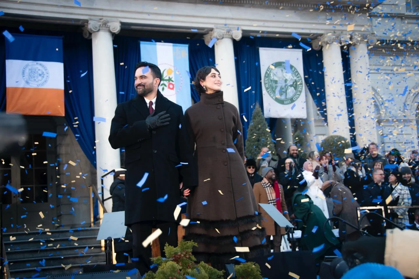 @zohrankmamdani and @ramaduwaji at the former&rsquo;s swearing in on Thursday. The couple sat with their loved ones on stage before Mamdani made his oath of office on a Quran held by Duwaji.