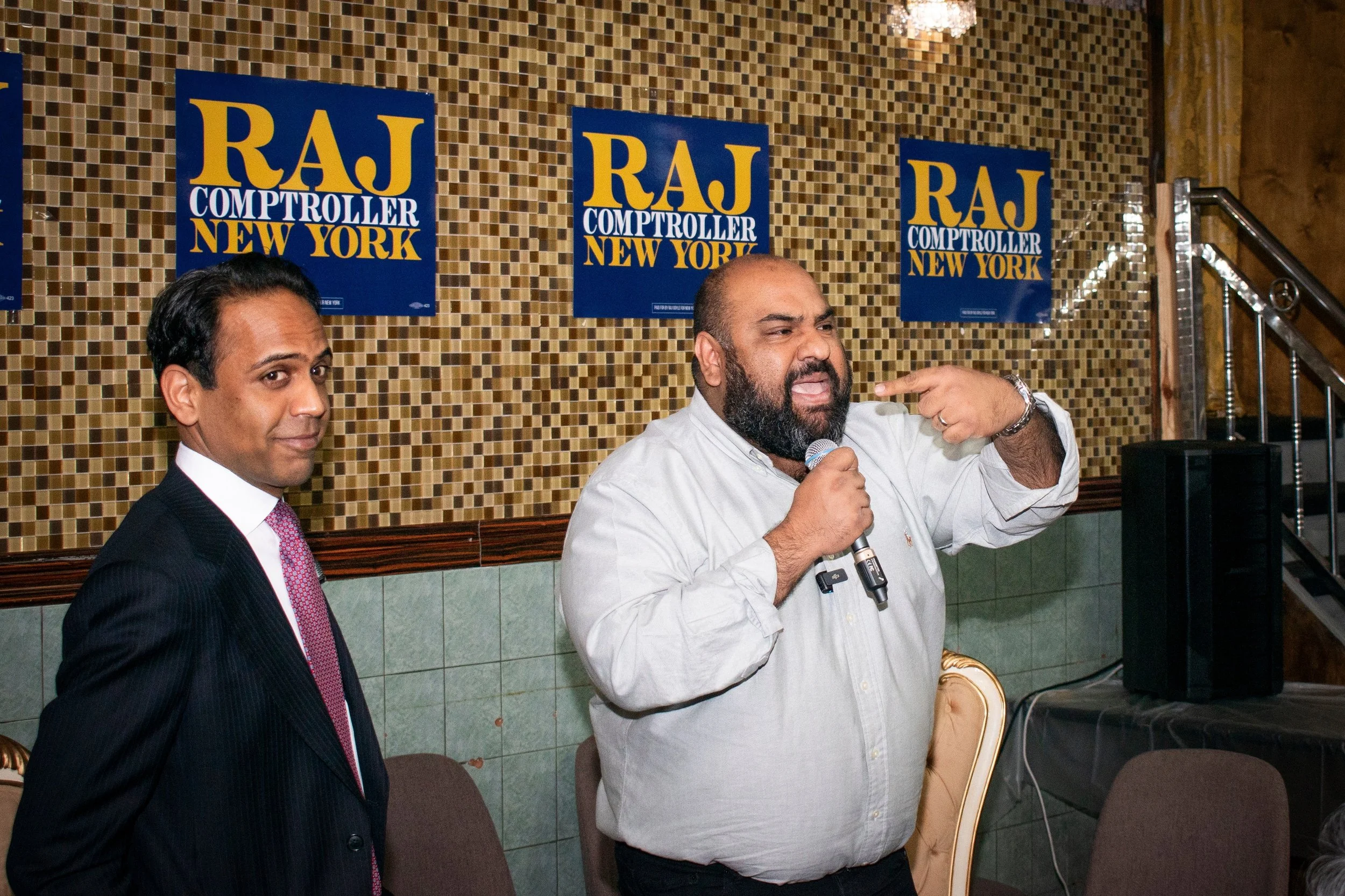 NY state comptroller candidate @rajgoyleny, alongside congressional candidate @chuckforqueens and attorney @attorney_najmi, held a Q-and-A in Jackson Heights, Queens on Thursday evening. 

Hosted at Kabab King and MC'd by @japneetsinghforny of the @s