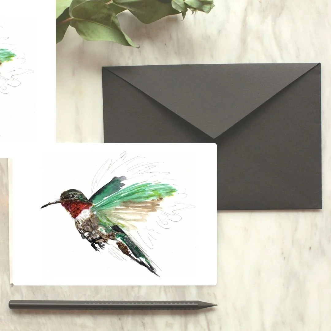 Flying Ruby Throated Hummingbird Greeting Card