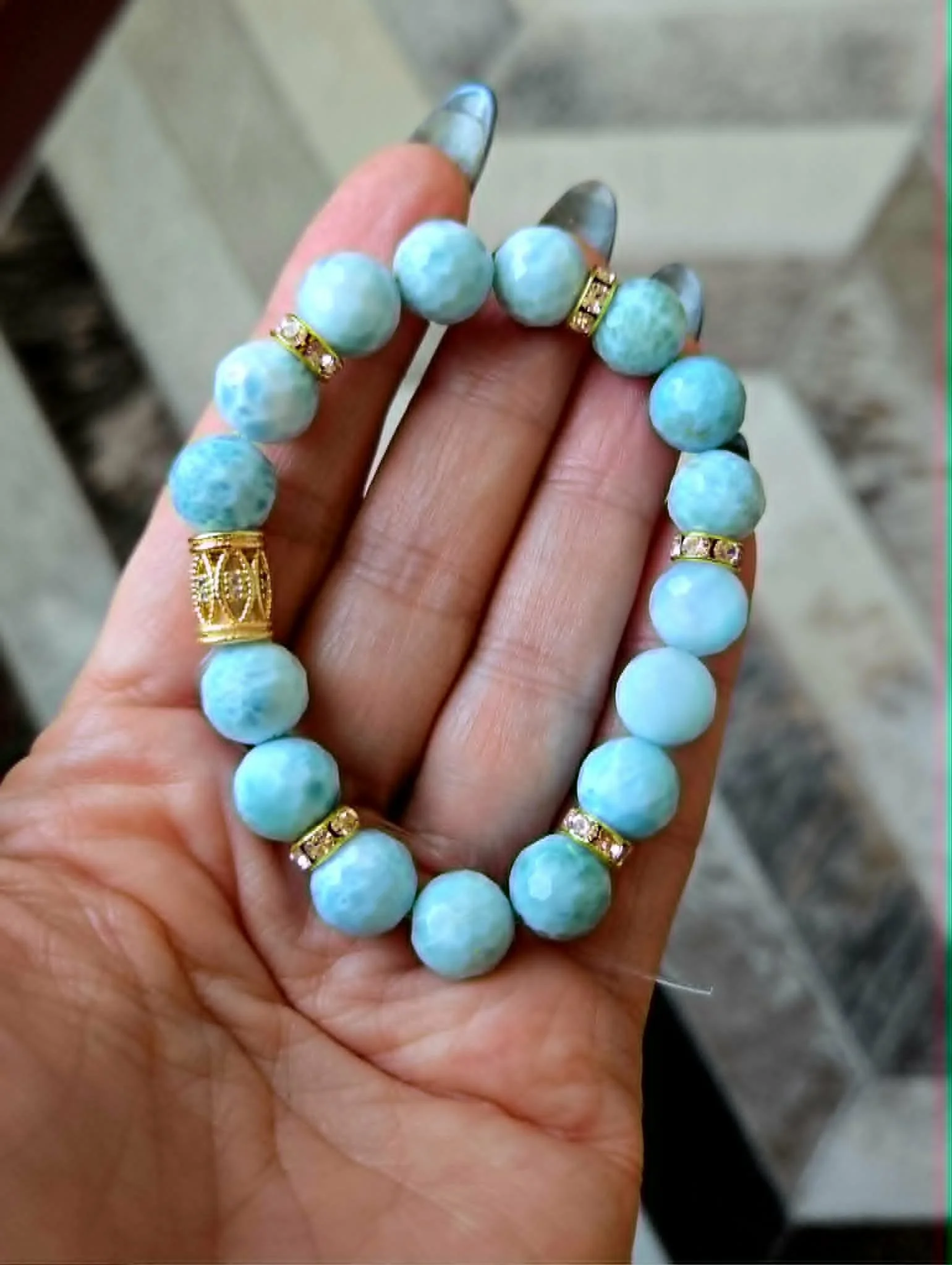 Larimar “Dolphin Stone” Bracelet with Gold Accents | Ocean Energy Crystal Bracelet