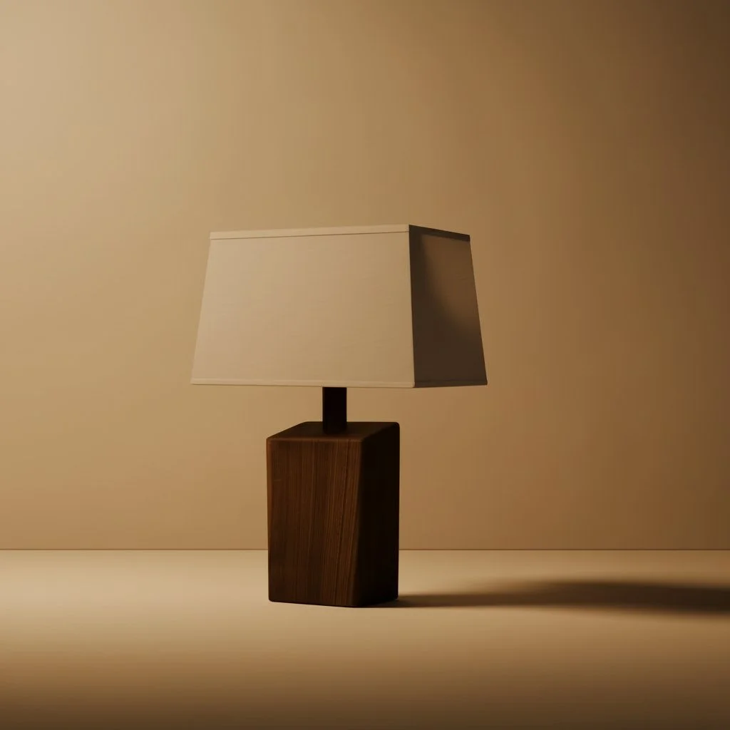 A table lamp with a wooden base and a white rectangular lampshade, casting a shadow on a beige wall.