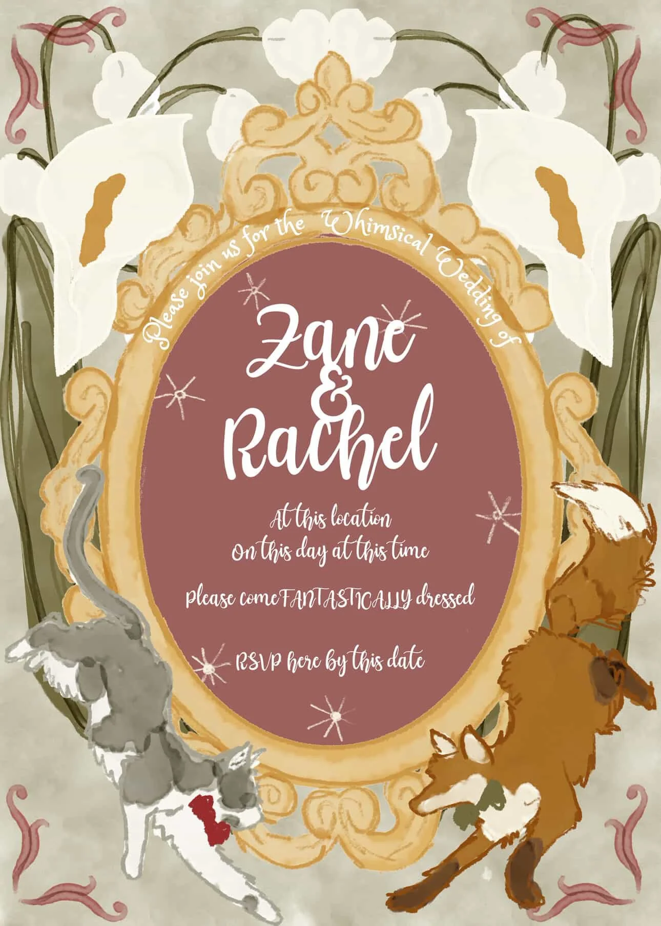 A wedding invitation featuring an antique frame emblem containing event details positioned on a green background and surrounded by lily of the valley and calla lily flowers, with a cat and fox playing at the base of the frame