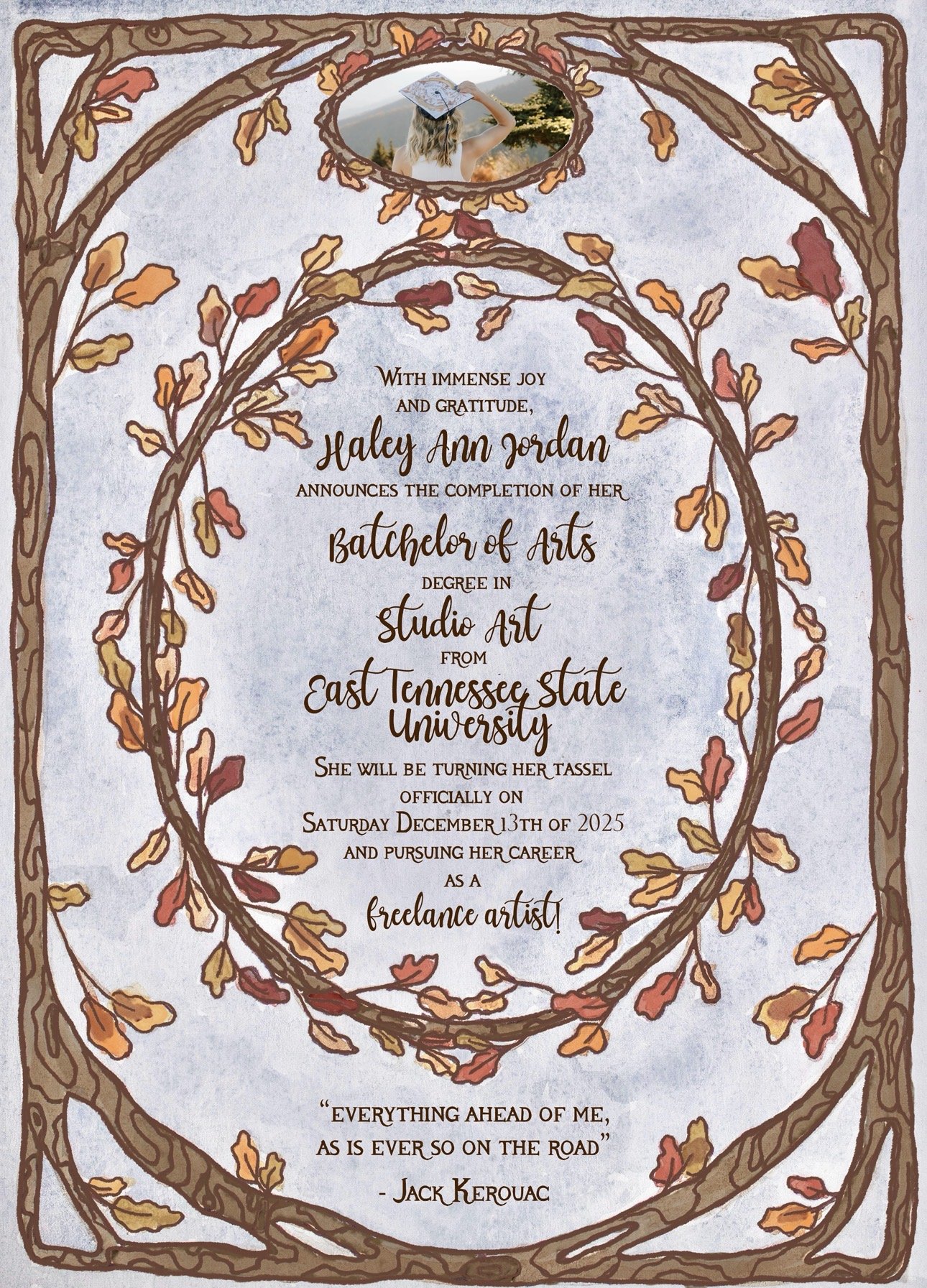 The back of the invite features the same design, but instead of a picture, information pertaining to the event Is centrally framed.