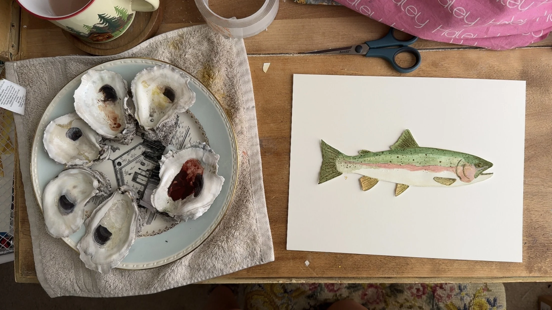 a rainbow trout commission on cream cardstock