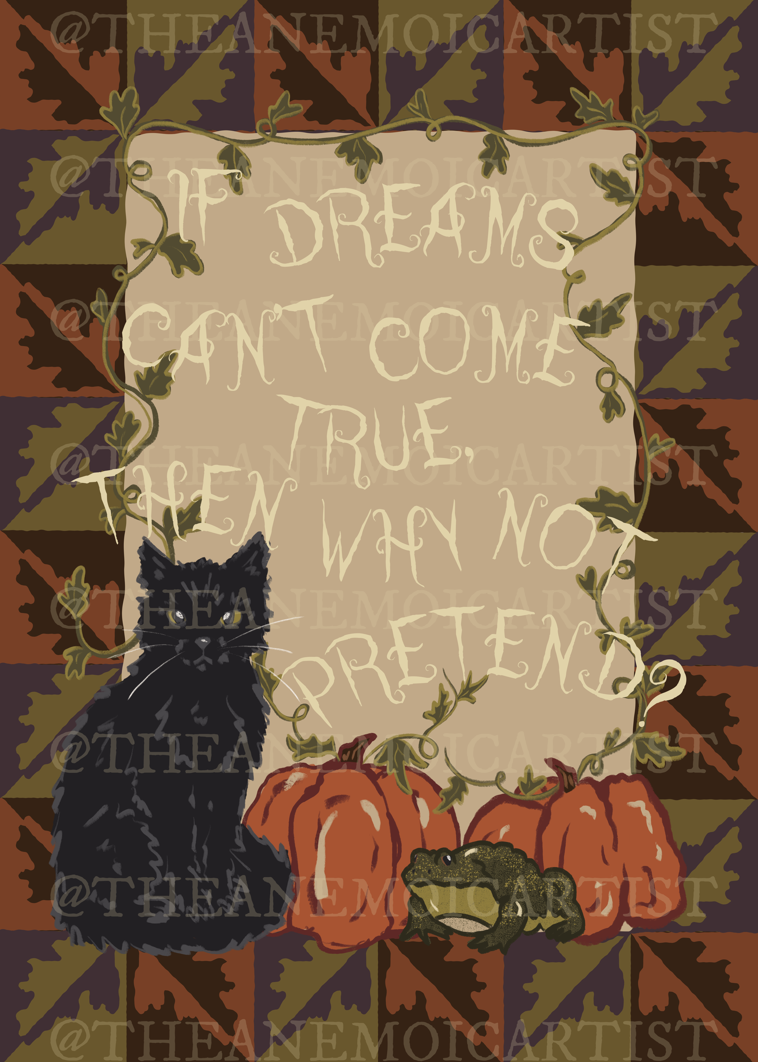 “Wayward Wishes” Black Cat & Toad with Pumpkins digitally illustrated postcard