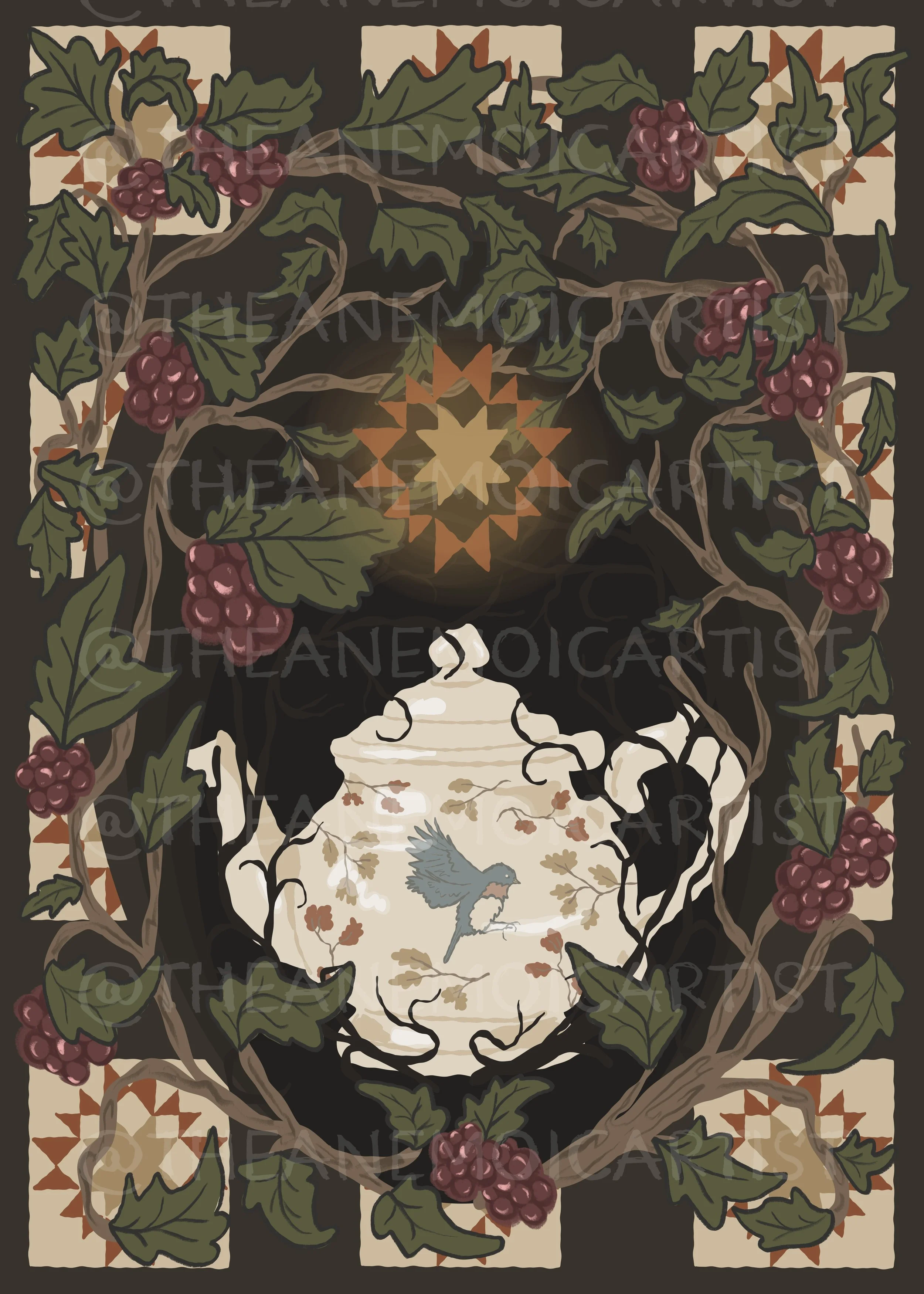 “Brambles & Briars”  Teapot with Blackberries digitally illustrated postcard (BLANK)