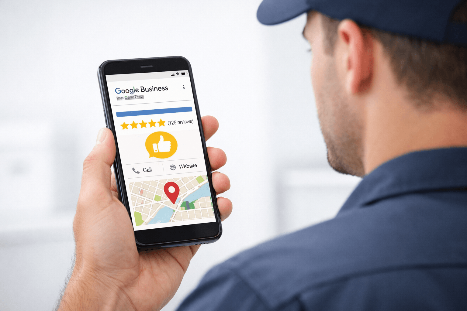 Contractor reviewing optimized Google Business Profile listing to improve local search rankings