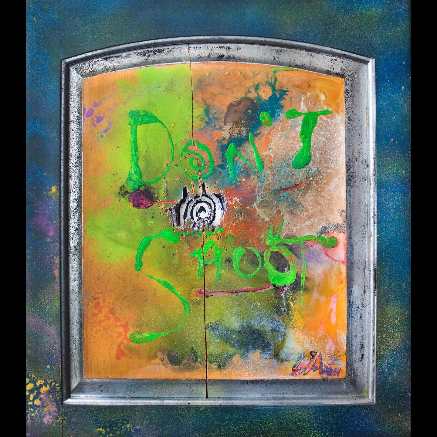 &ldquo;Cabinet From Space #2&rdquo; (first interaction)
18.5x21 circa August 2024.
Acrylic, spray paint, and a shotgun blast on an antique cabinet.
Guns vs. Aliens