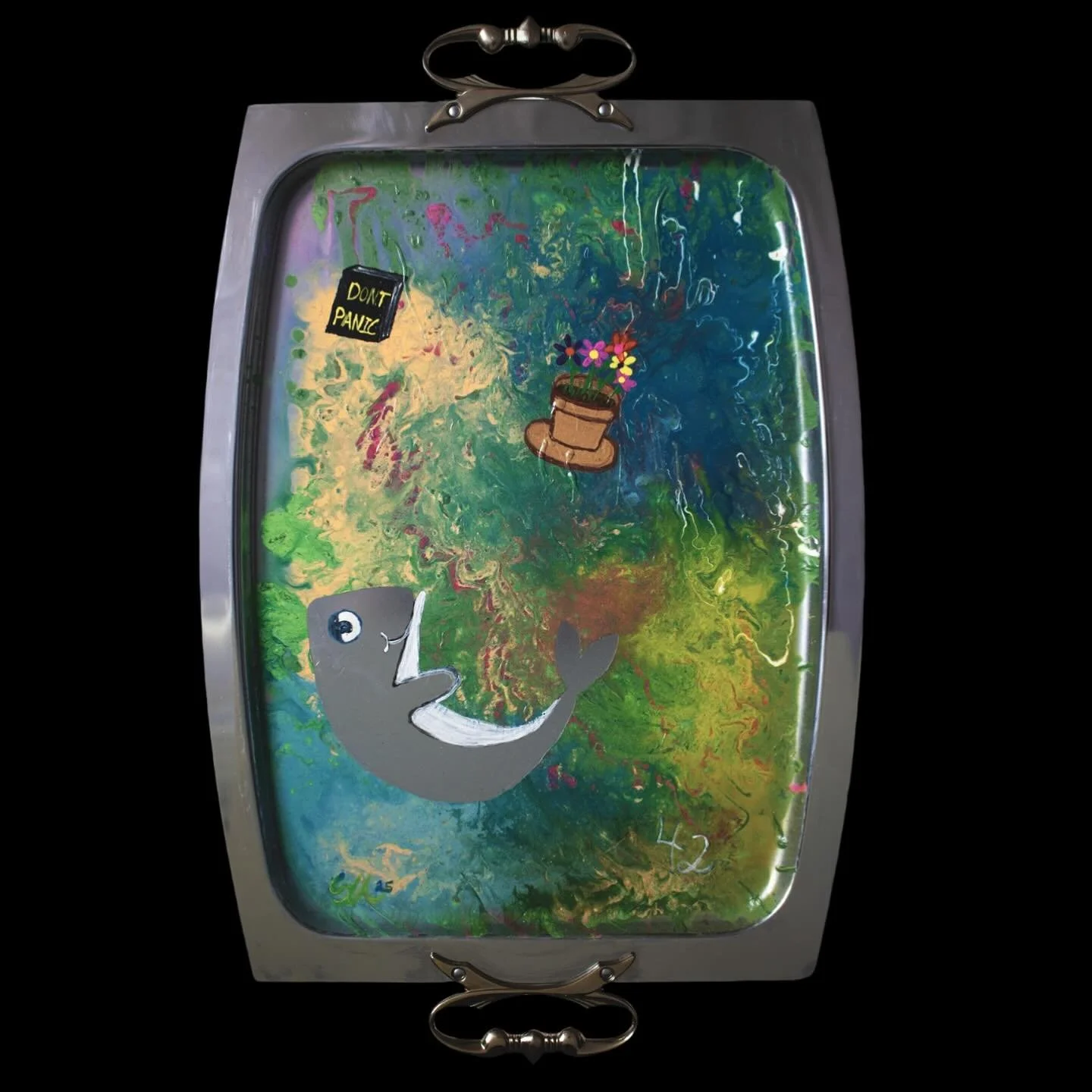 &ldquo;Platter from Space&rdquo; (aka #41)
18x13.5 (ish). Circa March 2024.
Oil and acrylic paint.
Inspired by Hitchhikers Guide to the Galaxy.