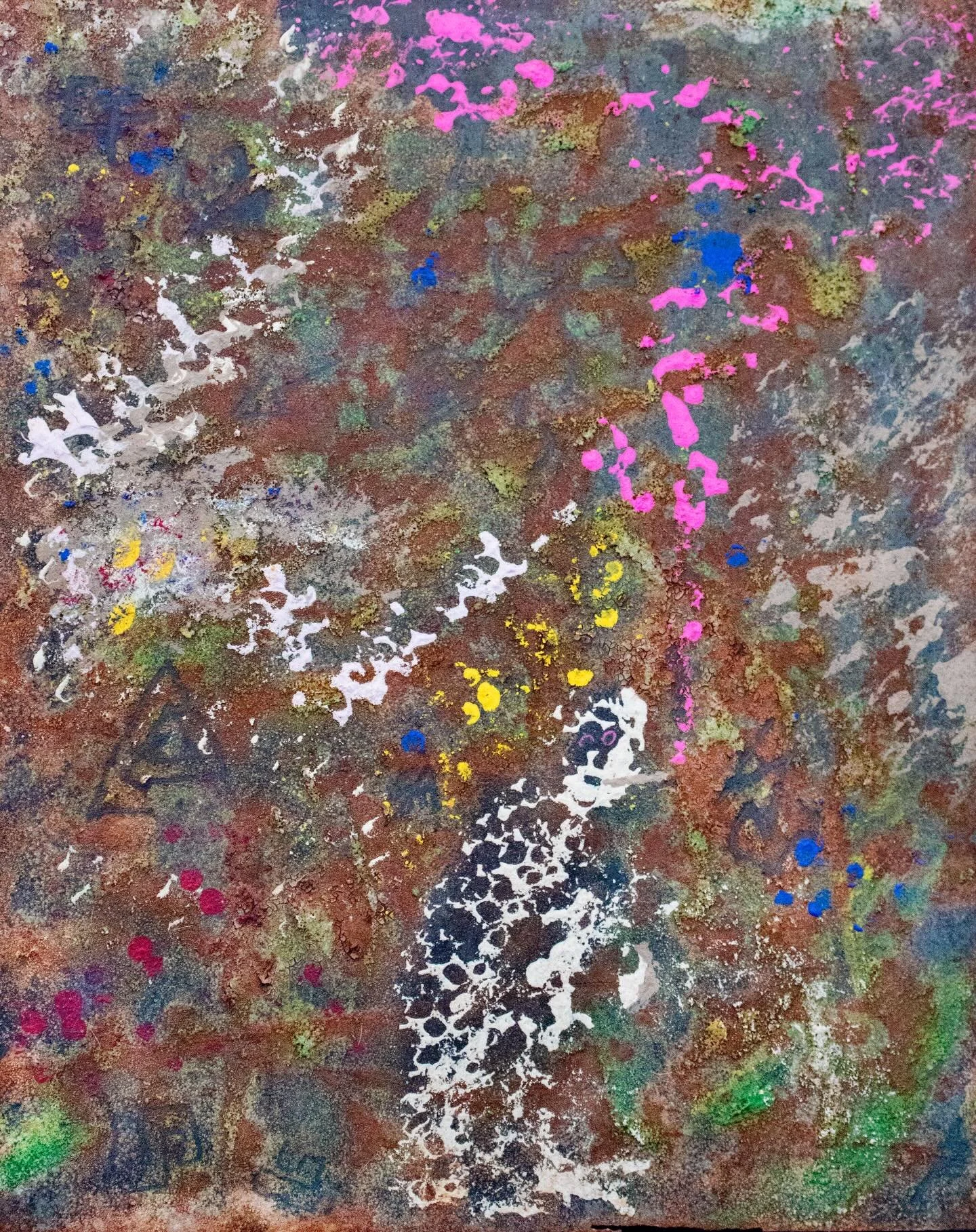 &ldquo;RUSt&rdquo;.
10x12.
Circa 04/24.
Oxidization and corrosion on a steel plate using paint and dyed salt. 
Aging can be progression not deterioration.
Find Rus smoking a stogey.