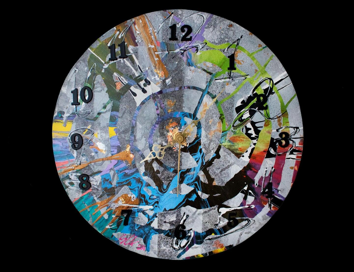 &ldquo;Round Up&rdquo;.
16 inch circle.
Acrylic, oil, metal, plastic, clockworks.
Will time tell you, or will you tell time?